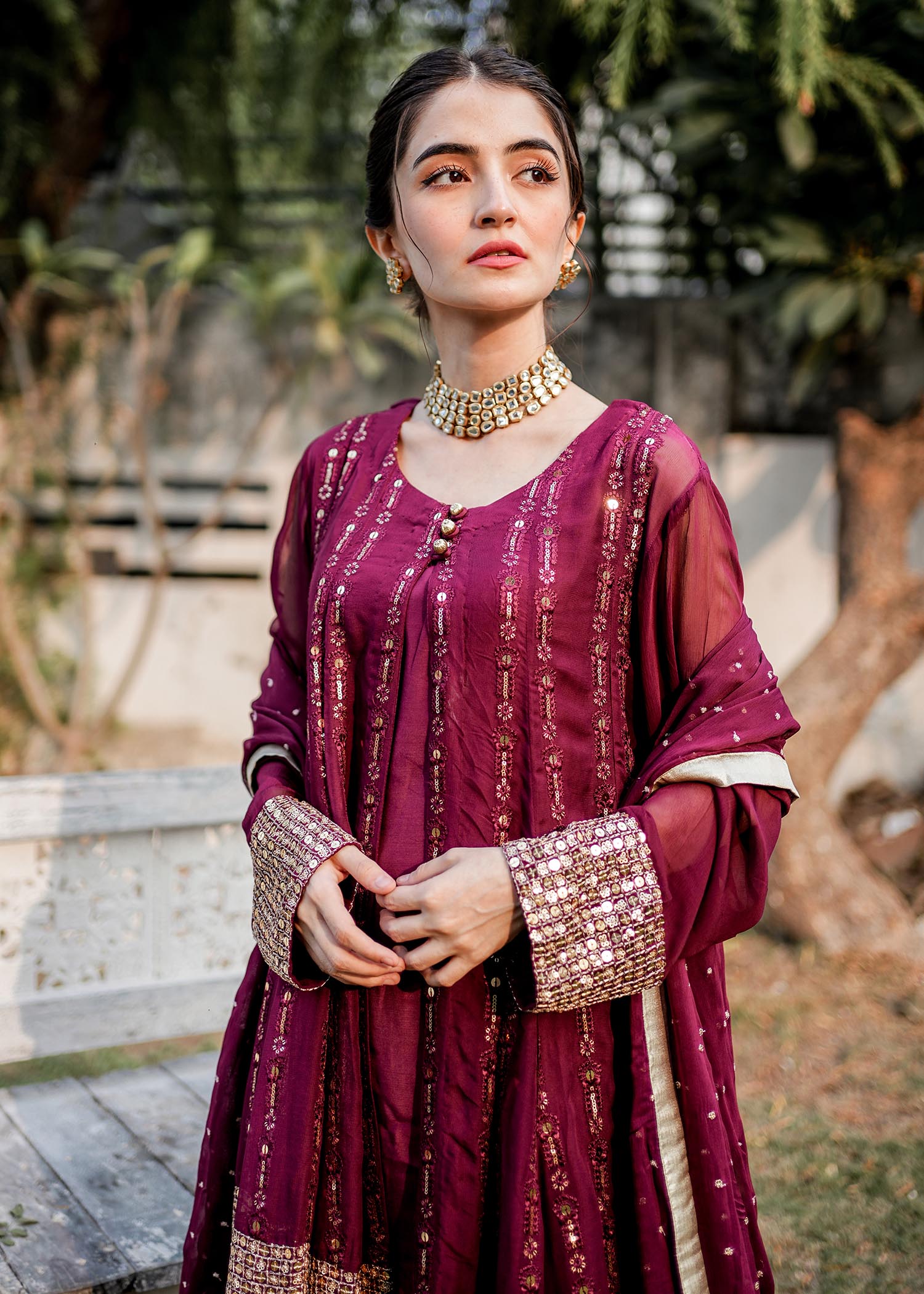 chikankari cotton Gown in Plum