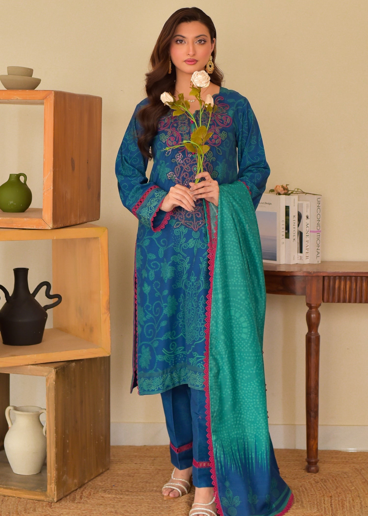slub cambric Kurta Set in Royal blue