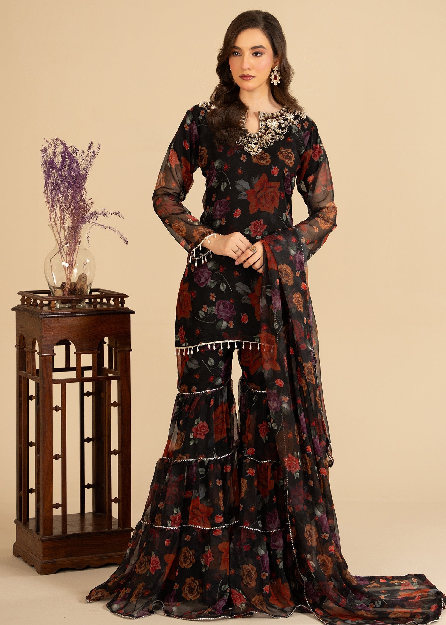 bemberg crinkle chiffon Gharara in Black