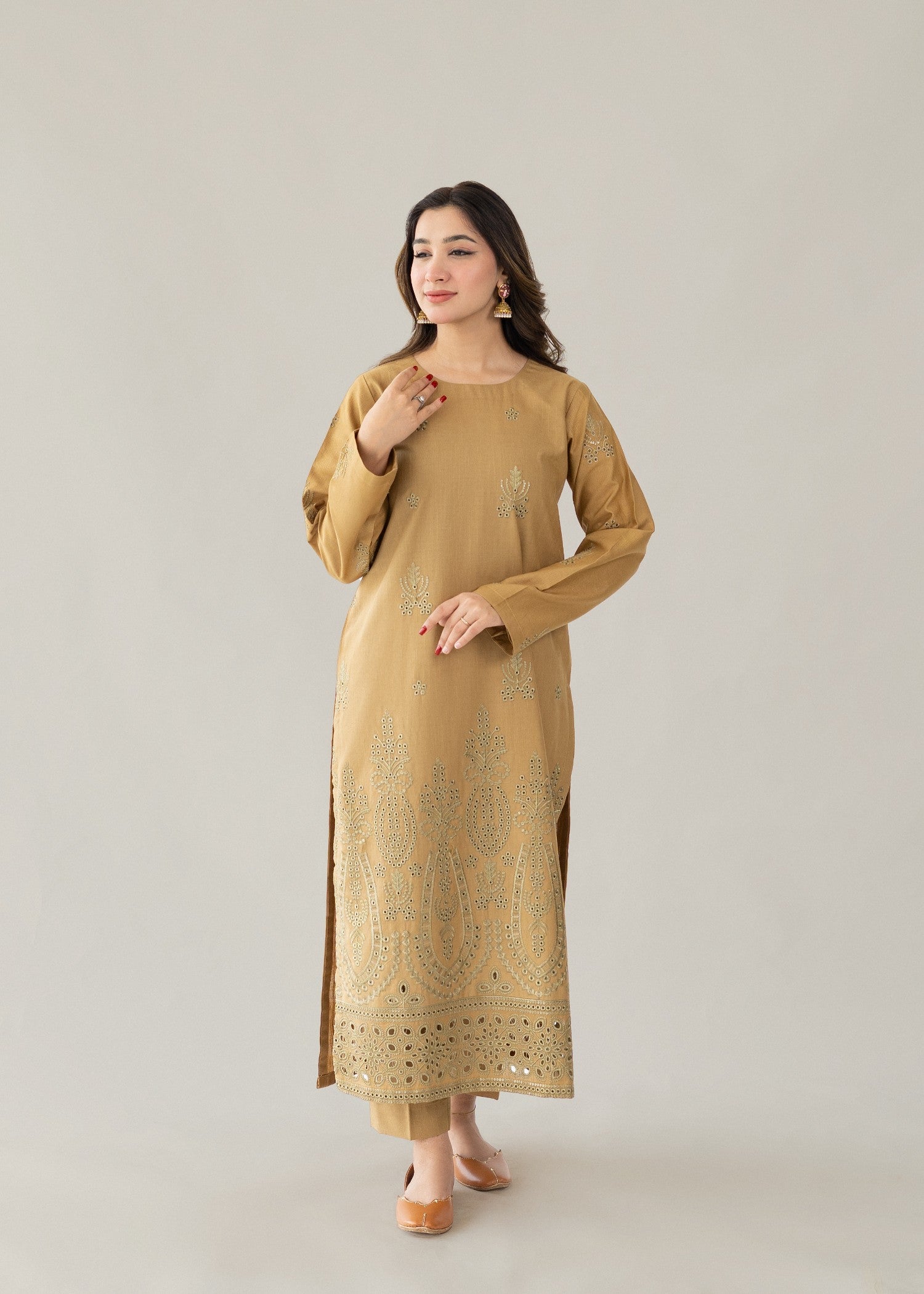 slub khaddar Kurta Set in Brown