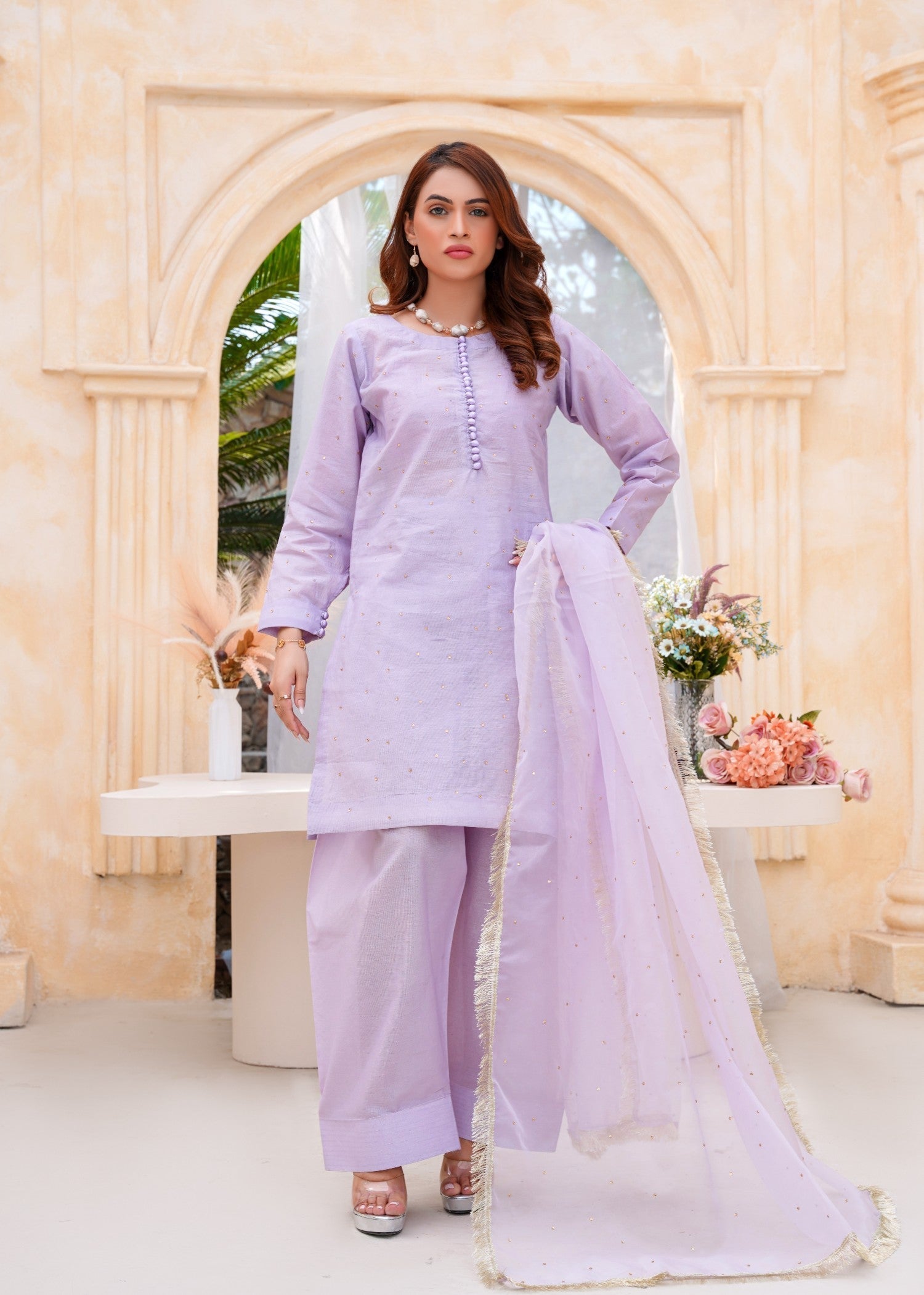 cotton silk Kurta Set in Lilac