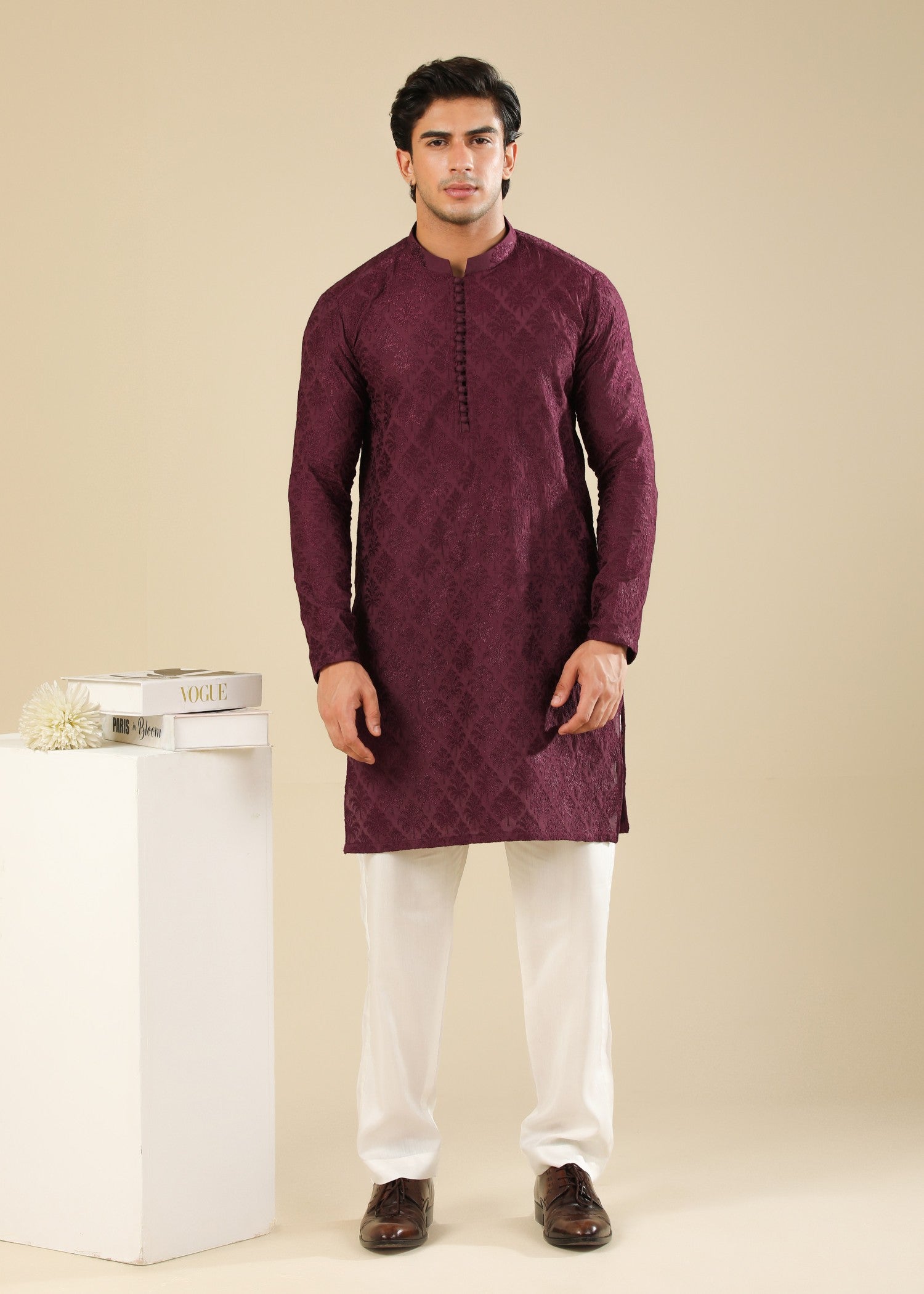 raw silk Kurta Set in Maroon, white
