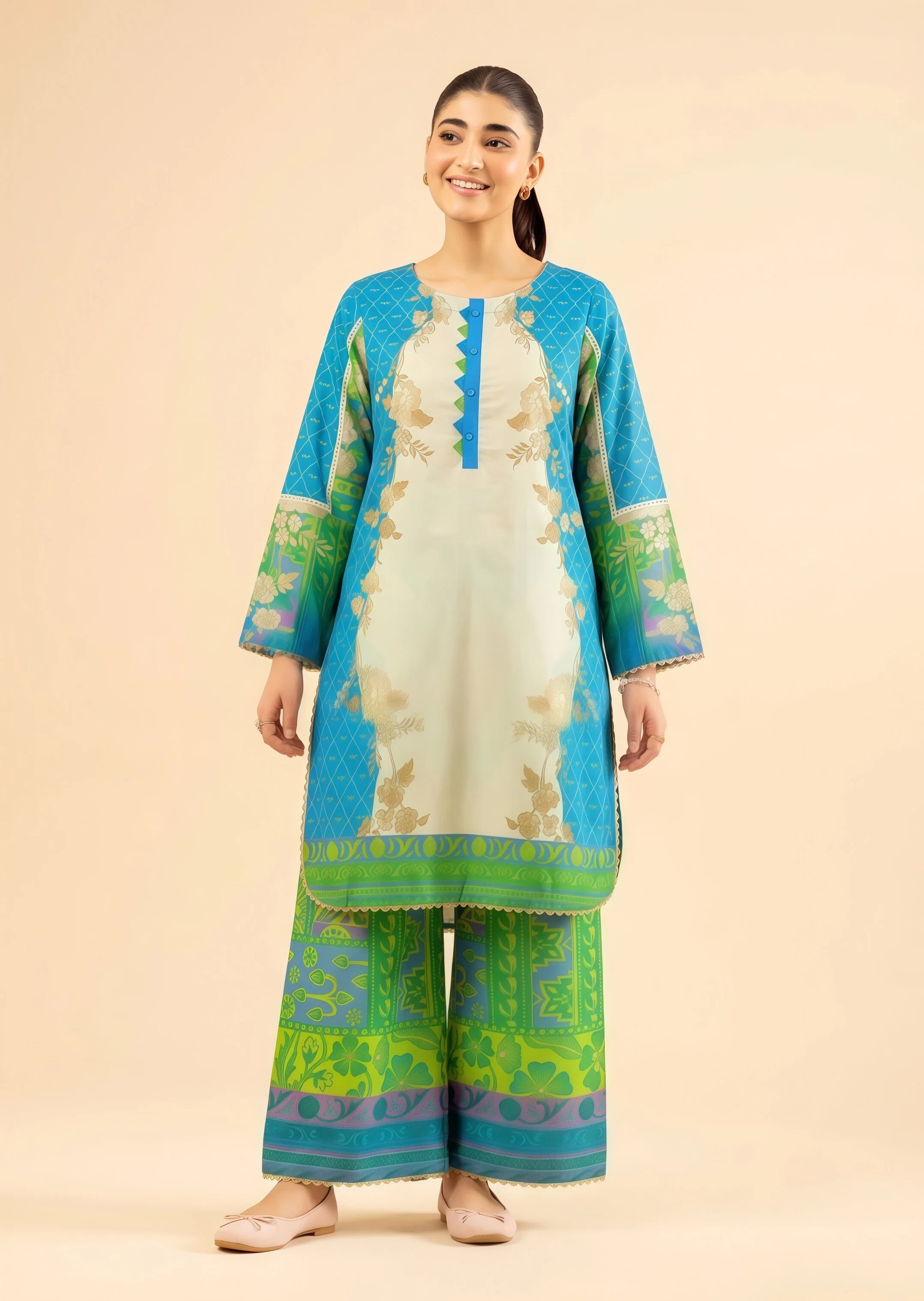 poly lawn Kurta Set in Multi