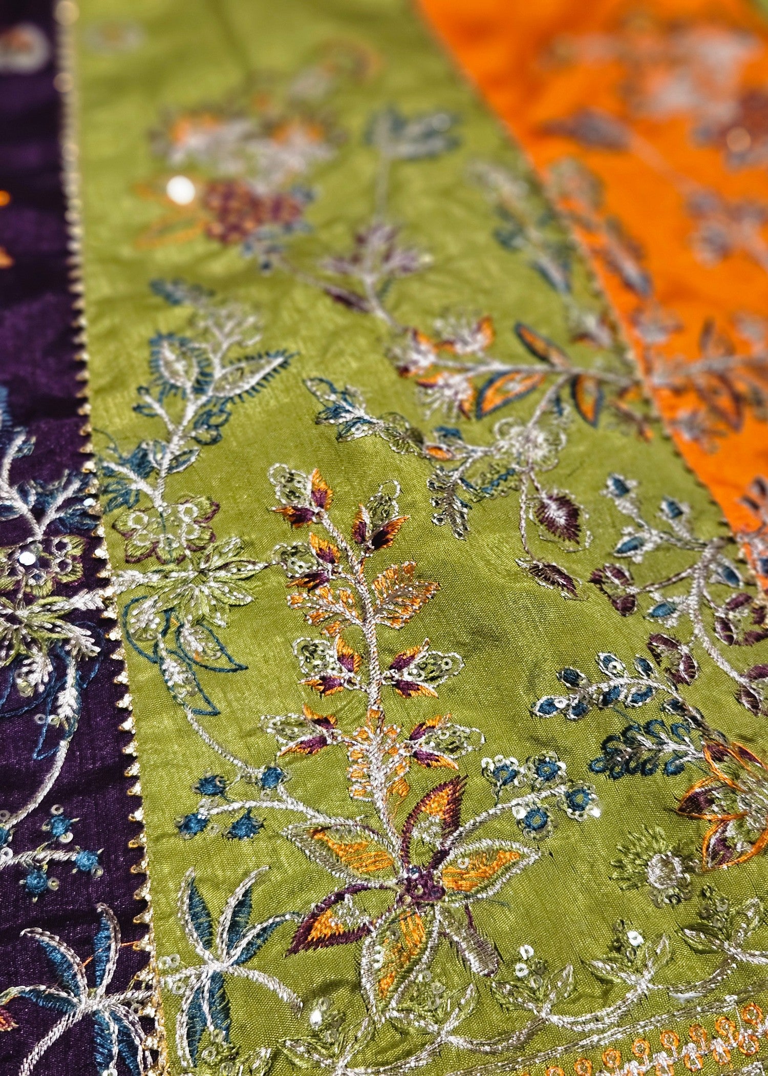 raw silk Lehenga in Olive green, multi