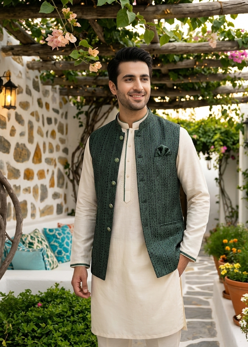 jamawar Waistcoat in Green by Dulha Fashion House