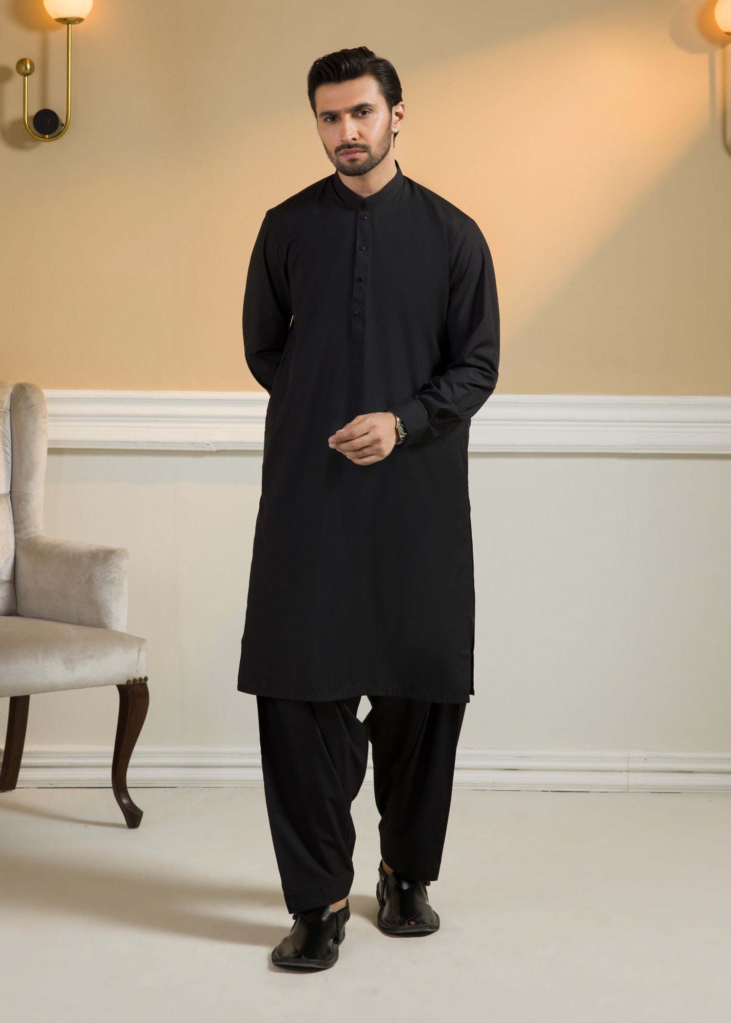poly viscose Shalwar Kameez in Black