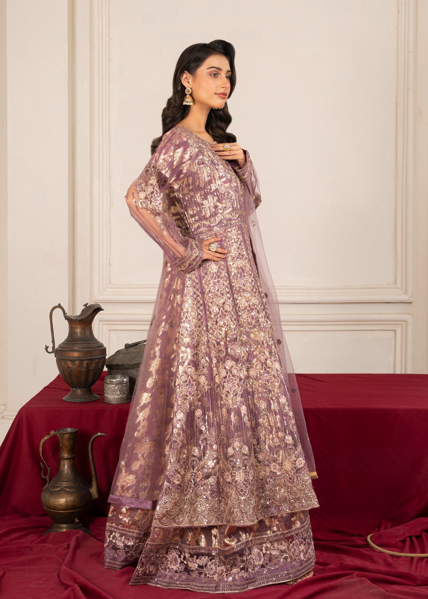 organza zari jacquard Pishwas in Lilac