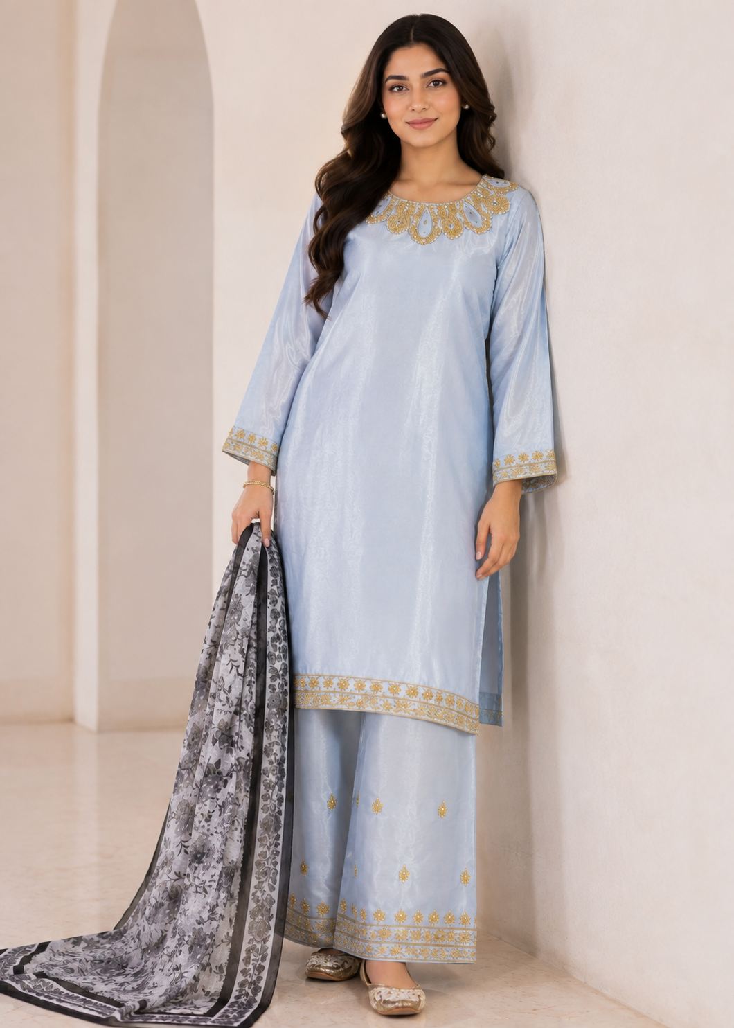silk Kurta Set in Light blue