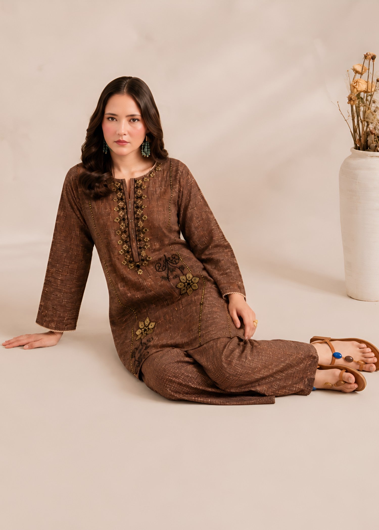 cambric Kurta Set in Chocolate brown