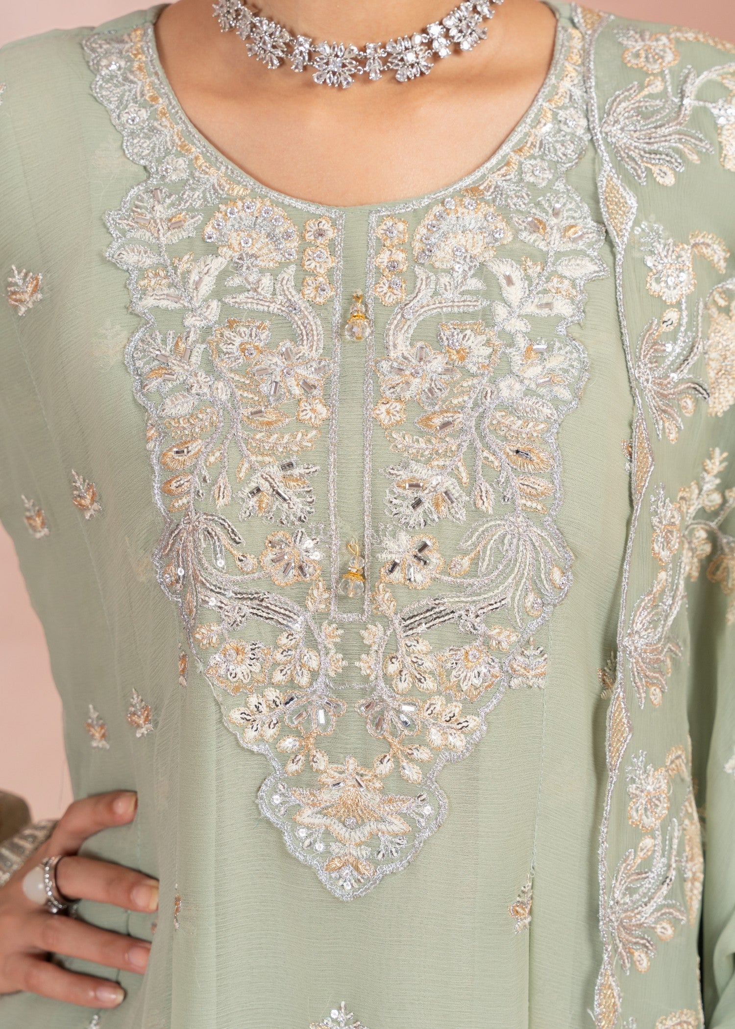bemberg crinkle chiffon Short Frock in Pistachio green