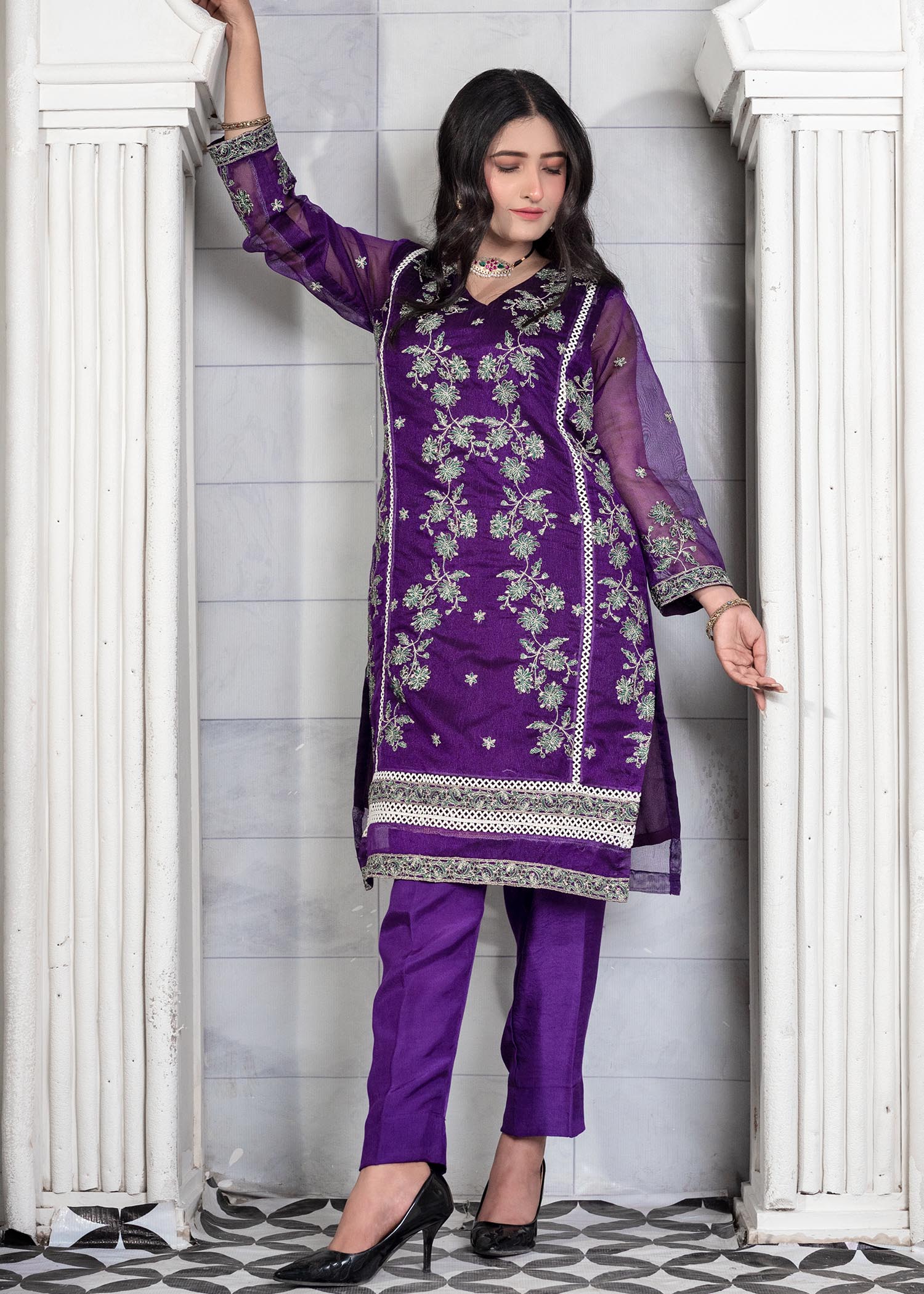 khaddi net shabnam zari Kurta Set in Purple