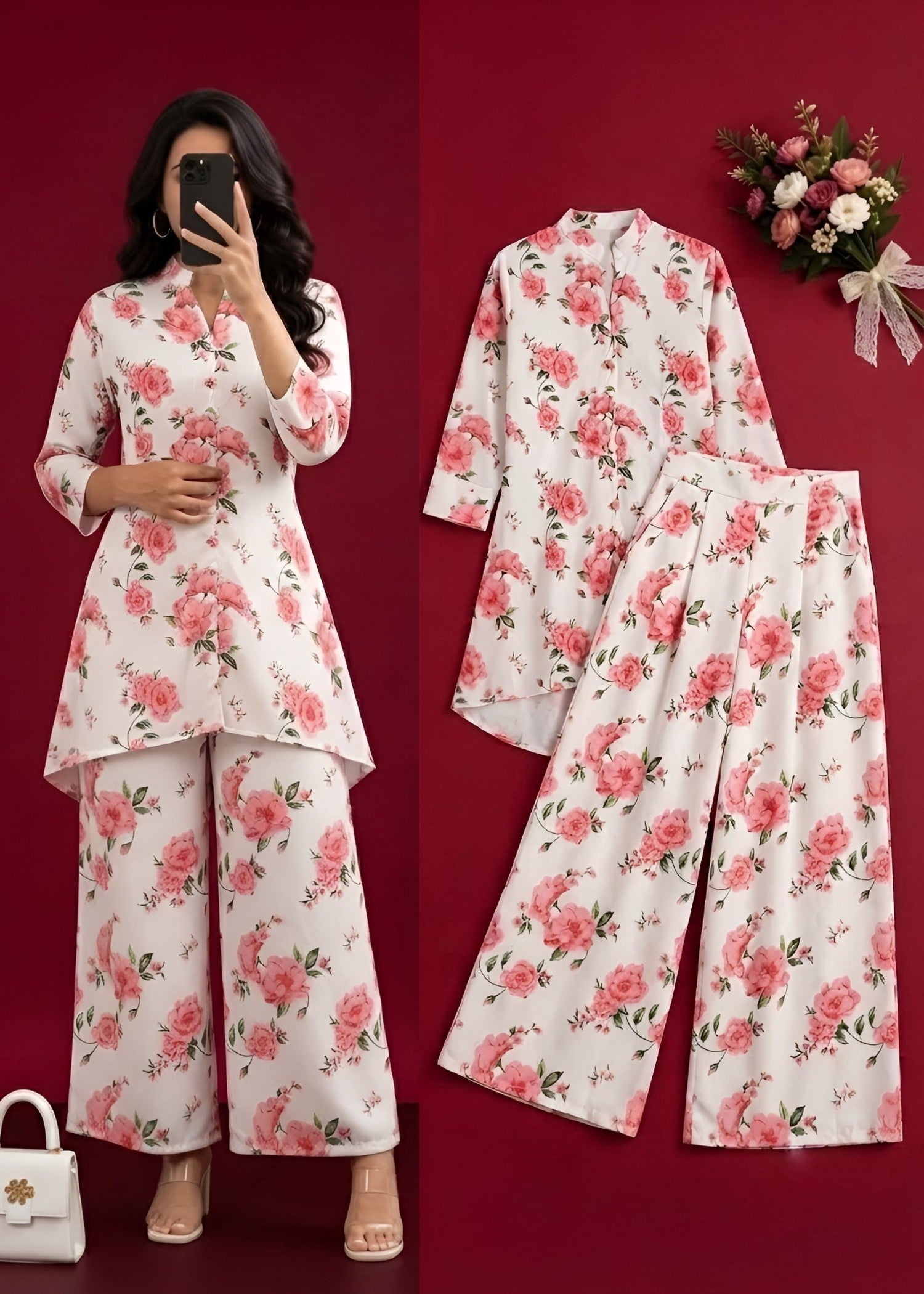 poly lawn Co Ord Sets in Blush pink, white