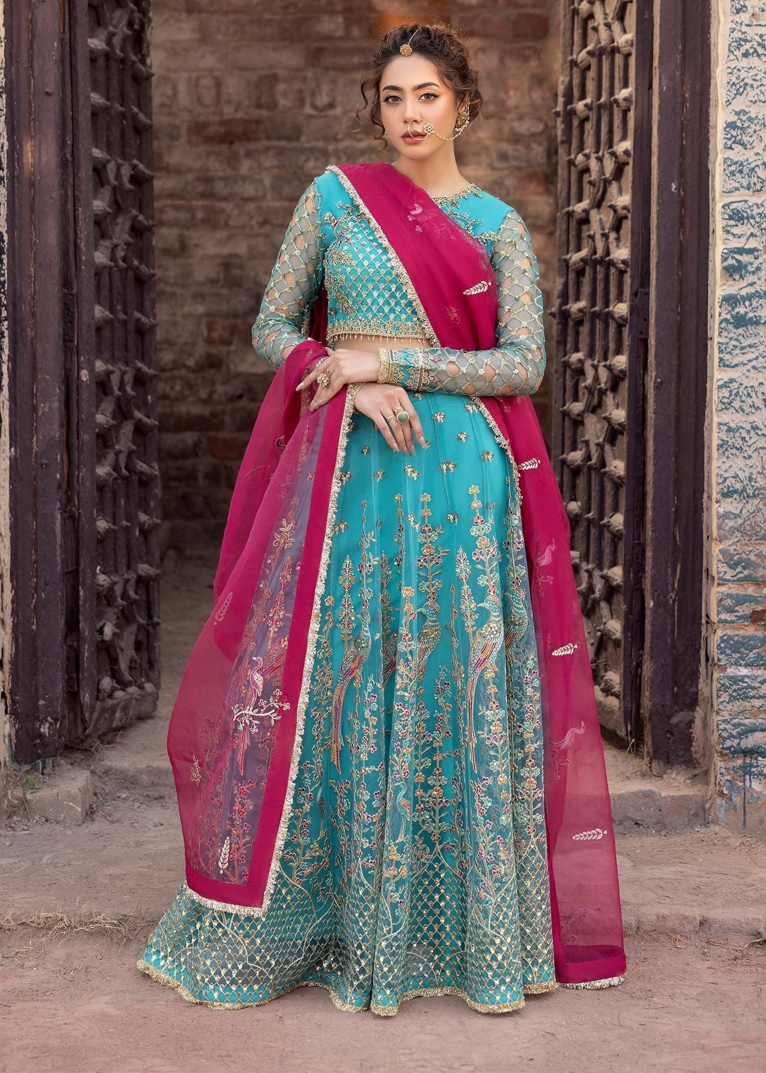 net Lehenga in Turquoise