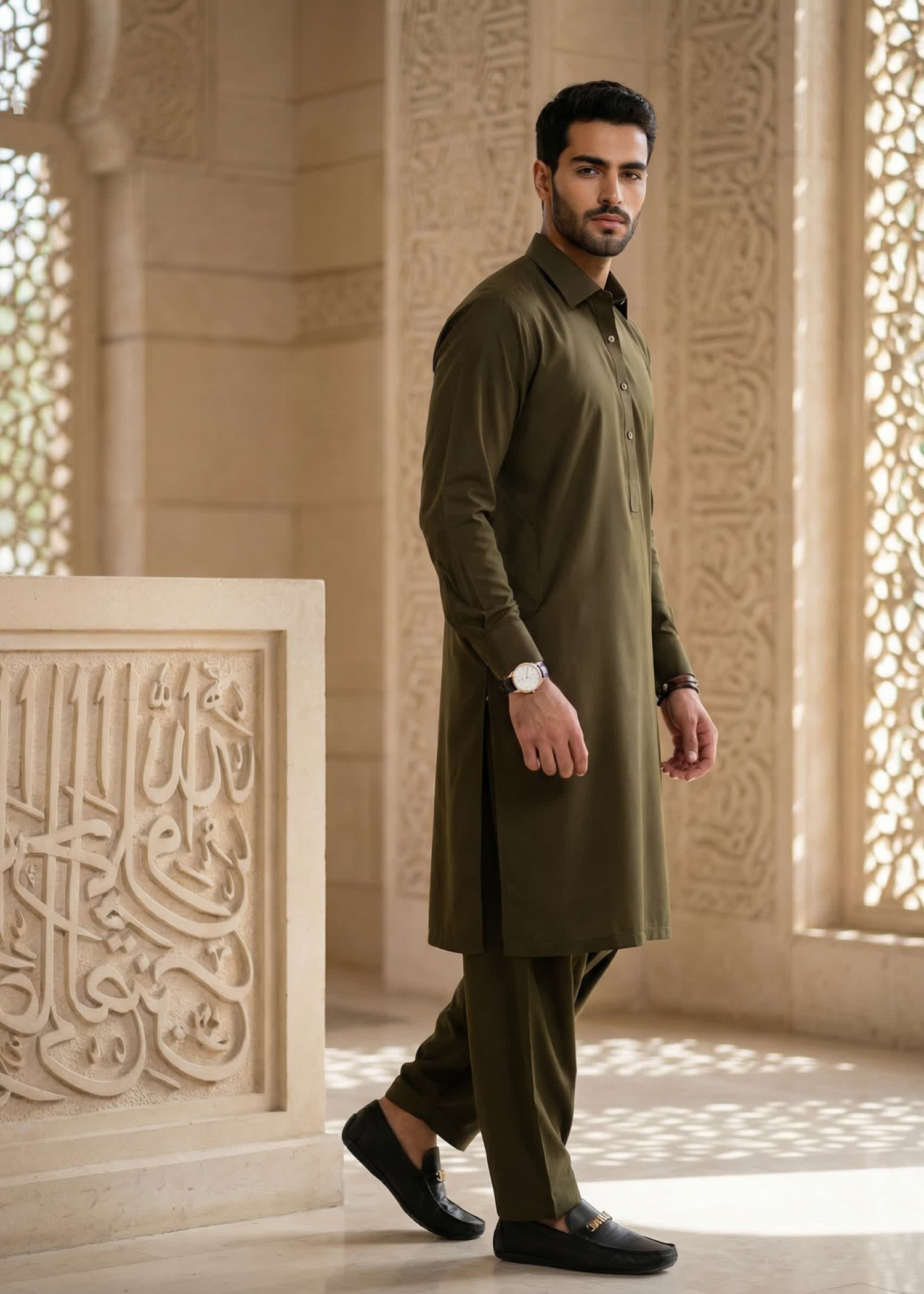 wash & wear Shalwar Kameez in Olive green