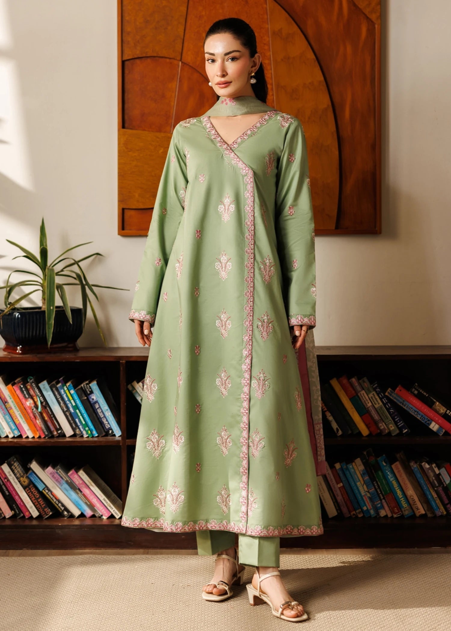 lawn cotton Angrakha in Pistachio green