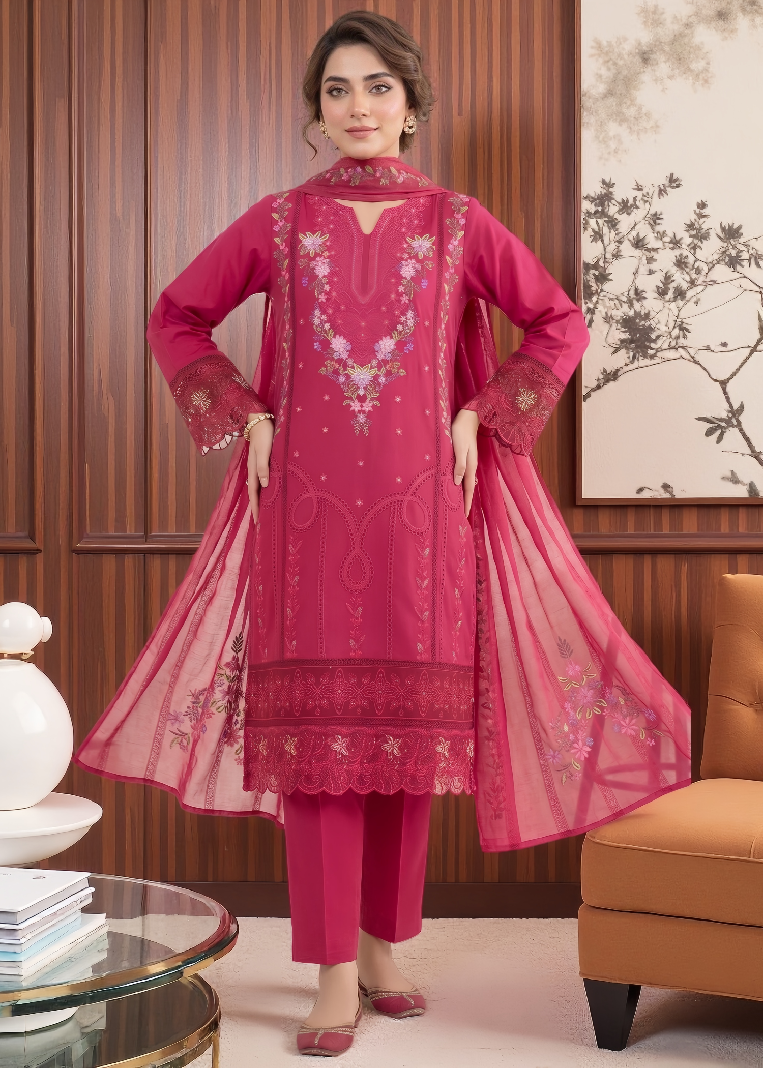 lawn Kurta Set in Cherry red