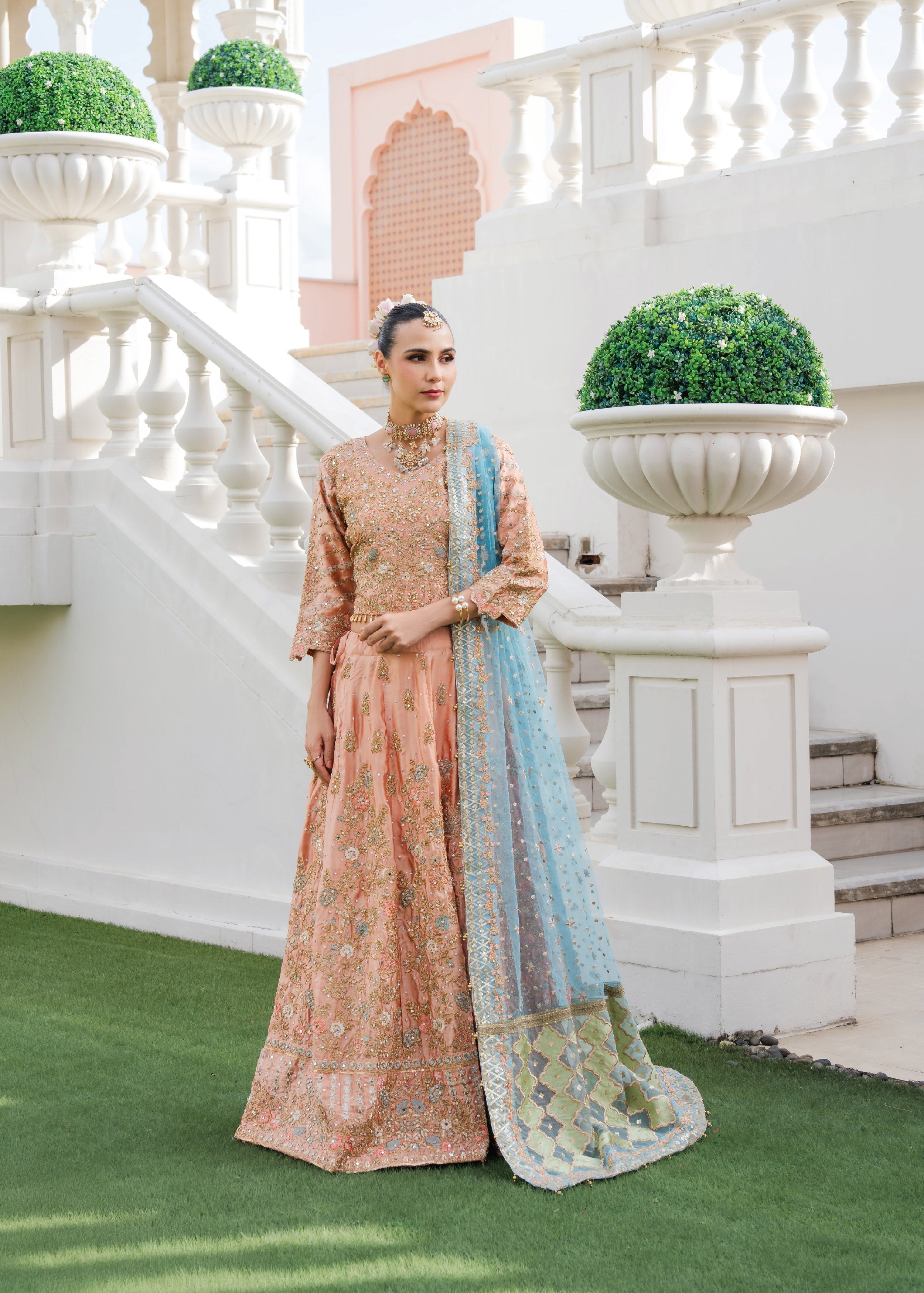 chiffon Lehenga in Peach pink