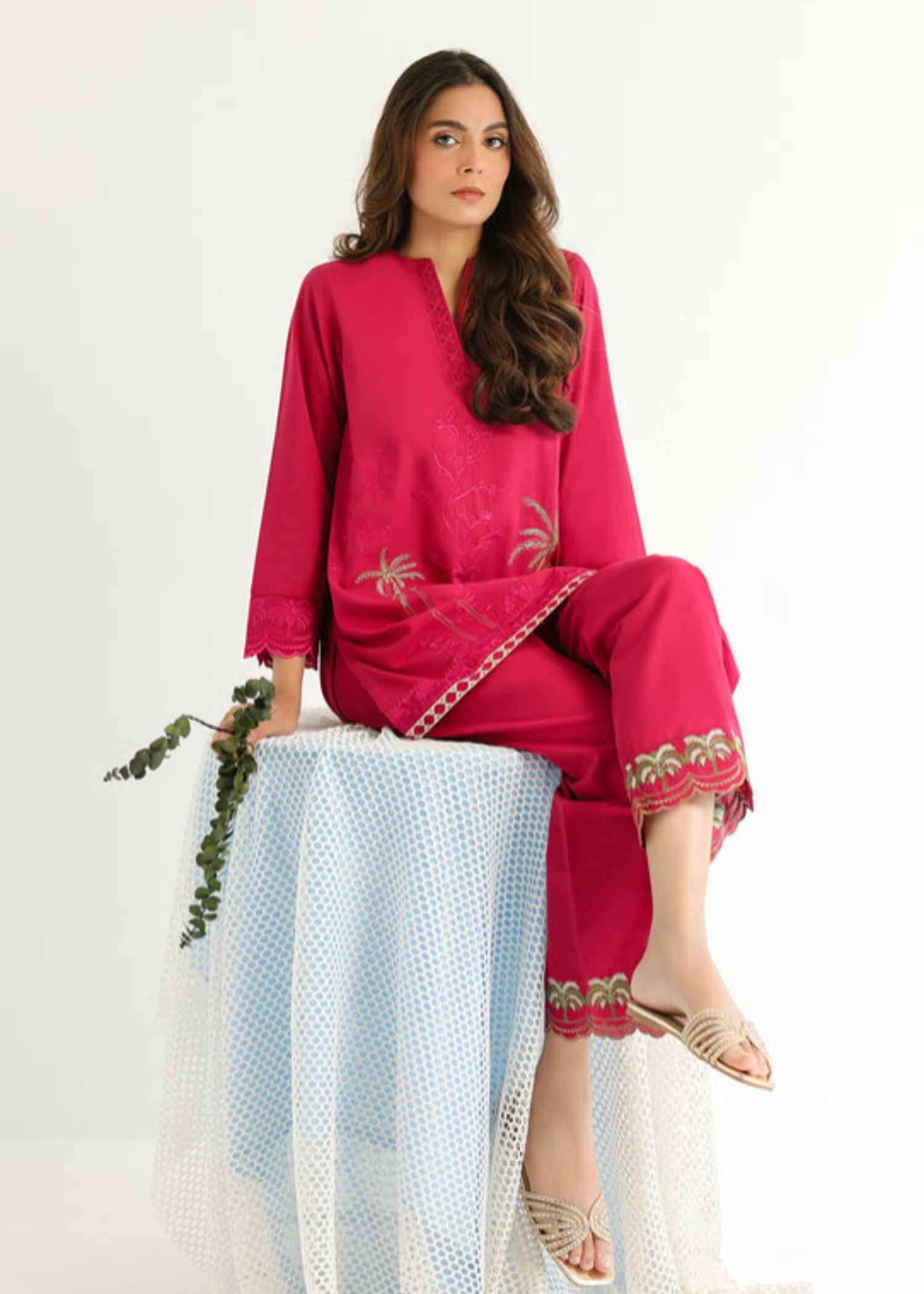 slub cambric Kurta Set in Hot pink