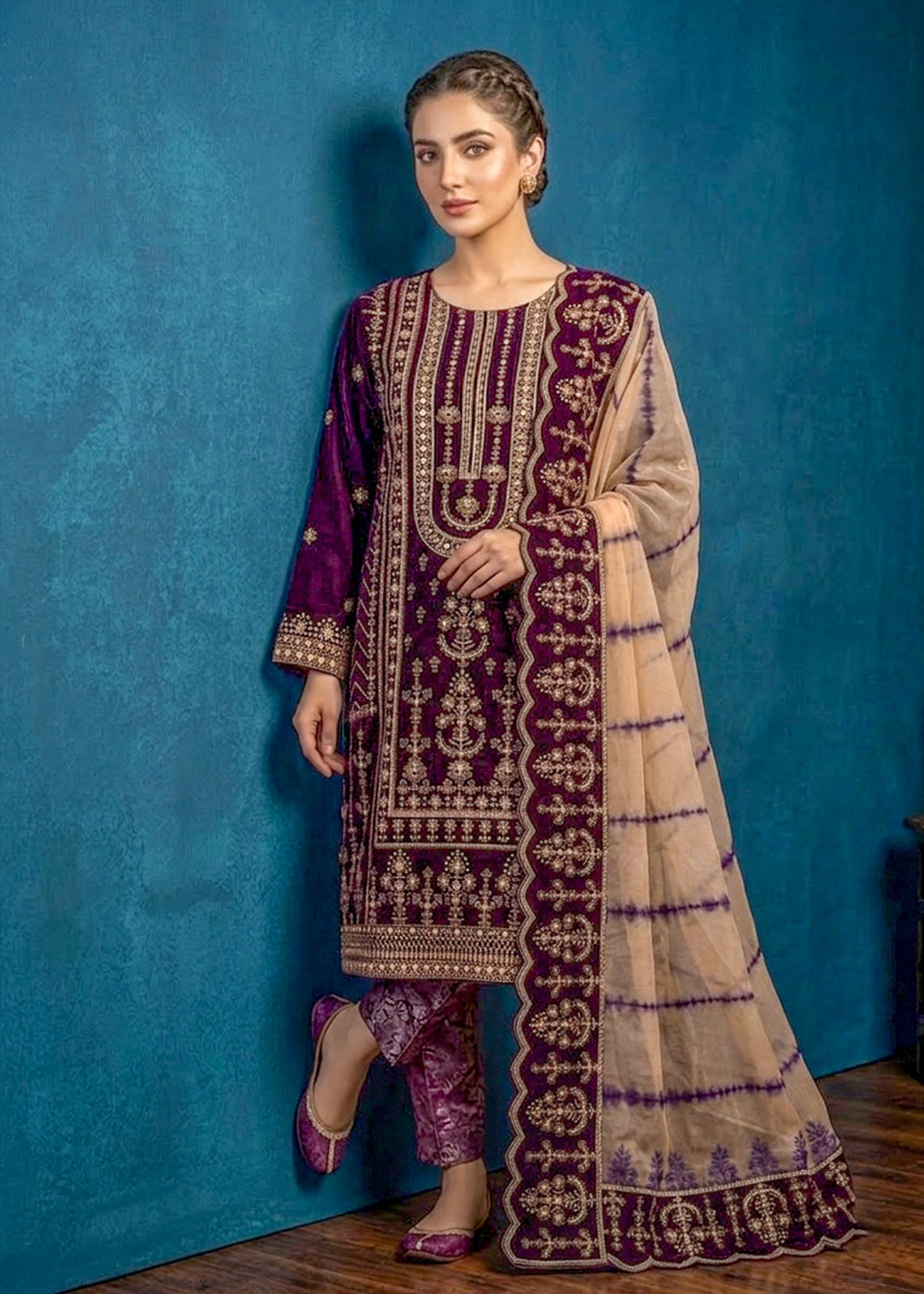 chinese micro velvet 9000 Kurta Set in Purple heart