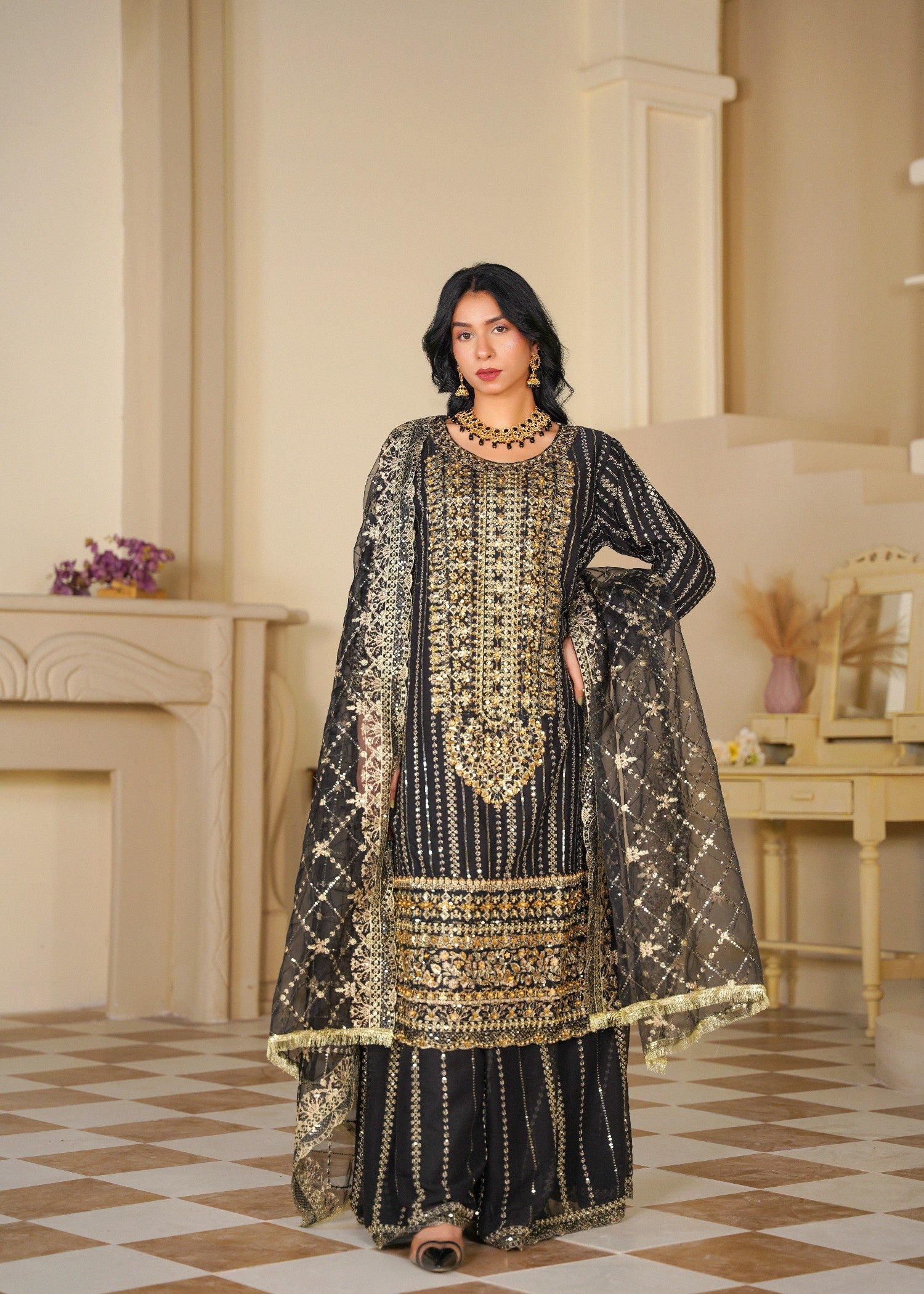 chiffon Sharara in Gold, black