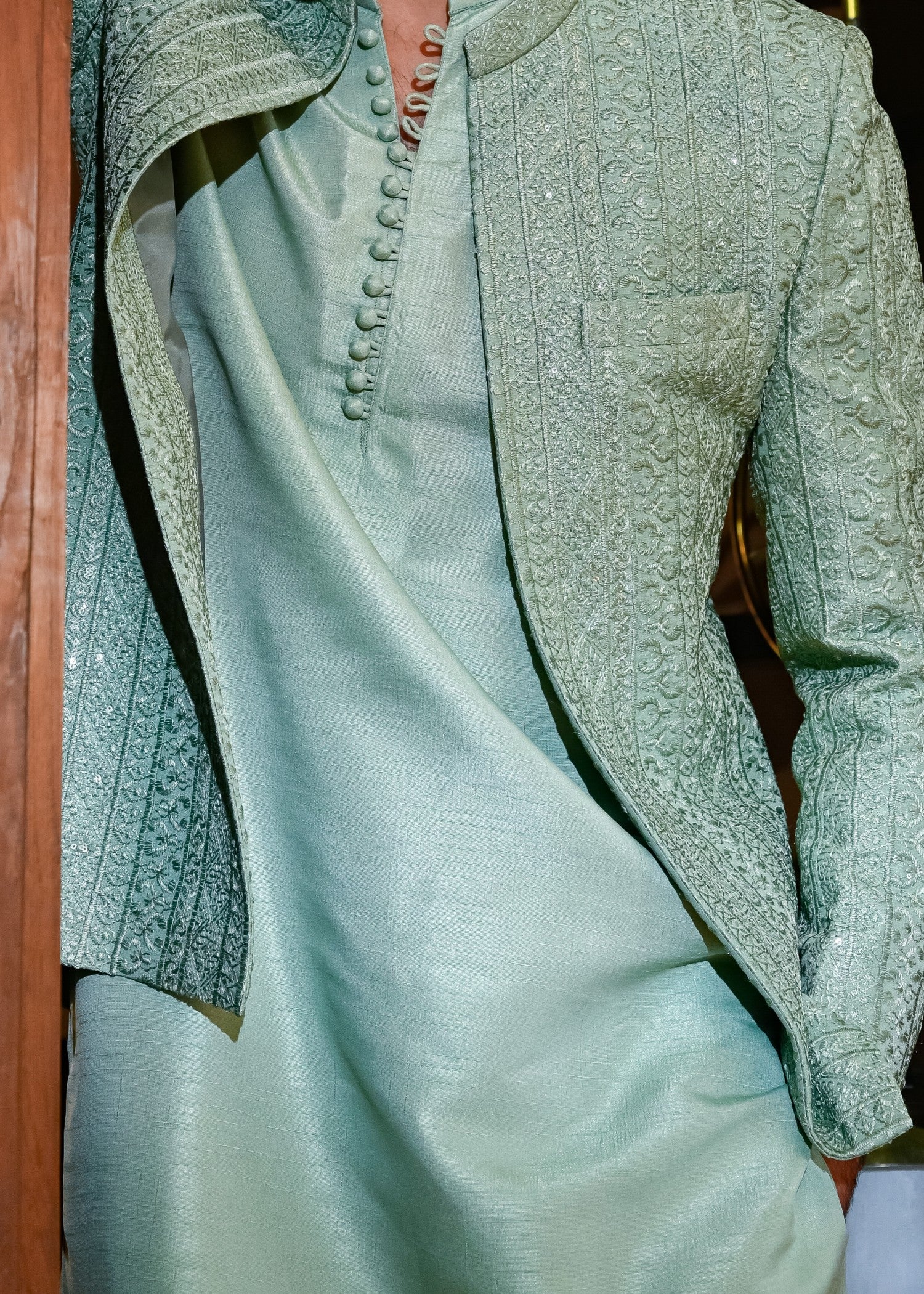 raw silk Prince Coat in Mint green