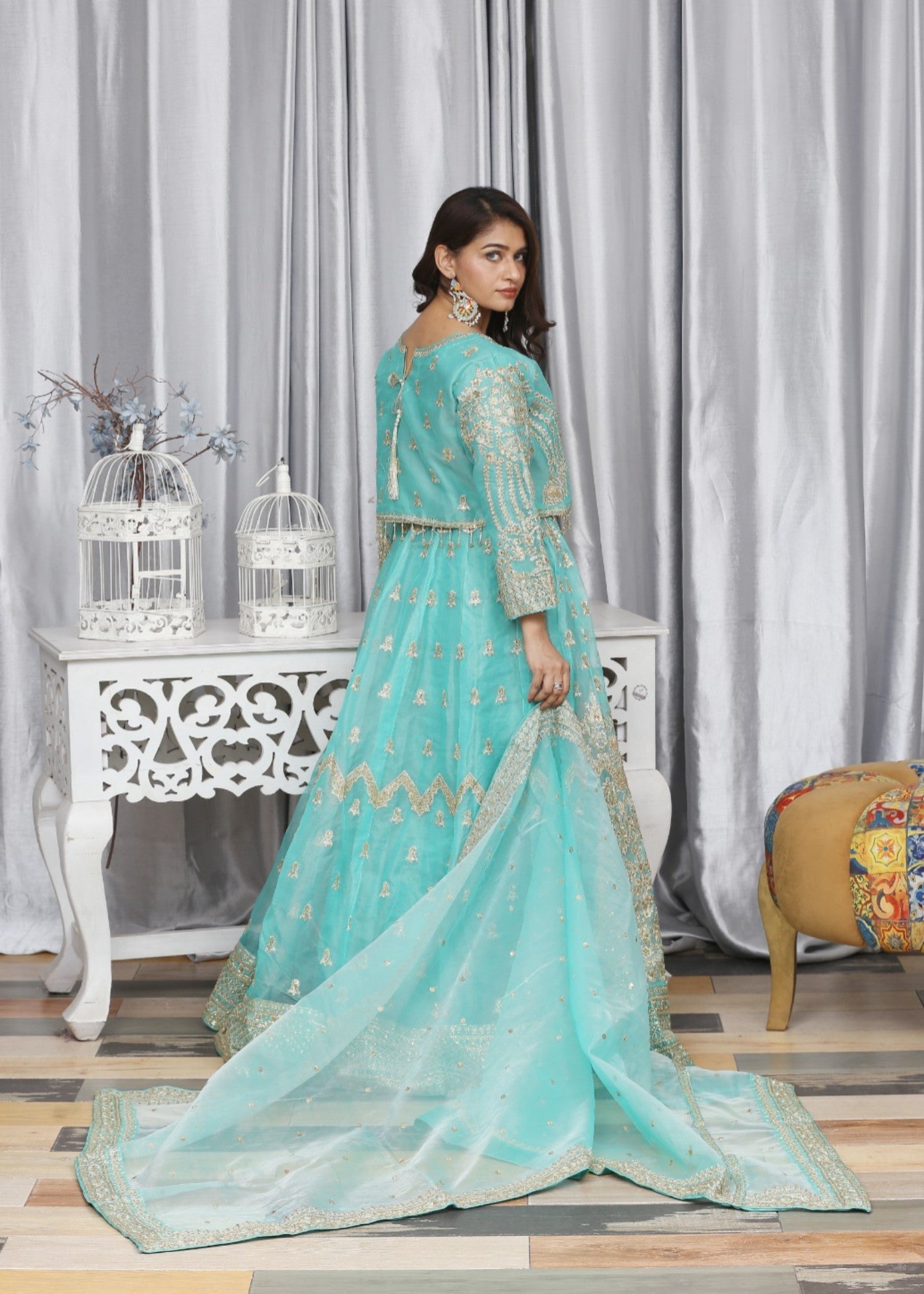 organza Lehenga in Aquamarine