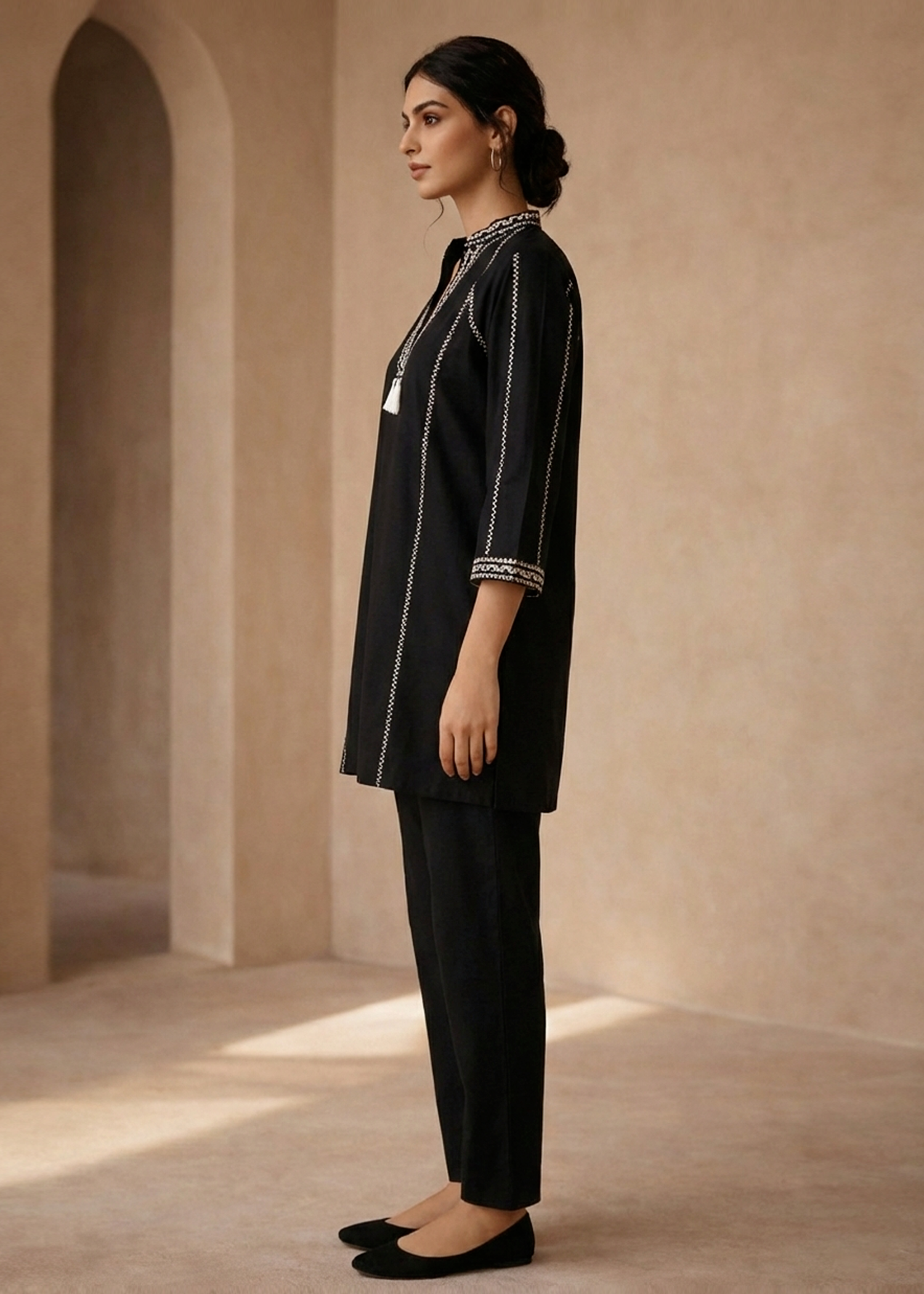 viscose linen Kurta Set in Black