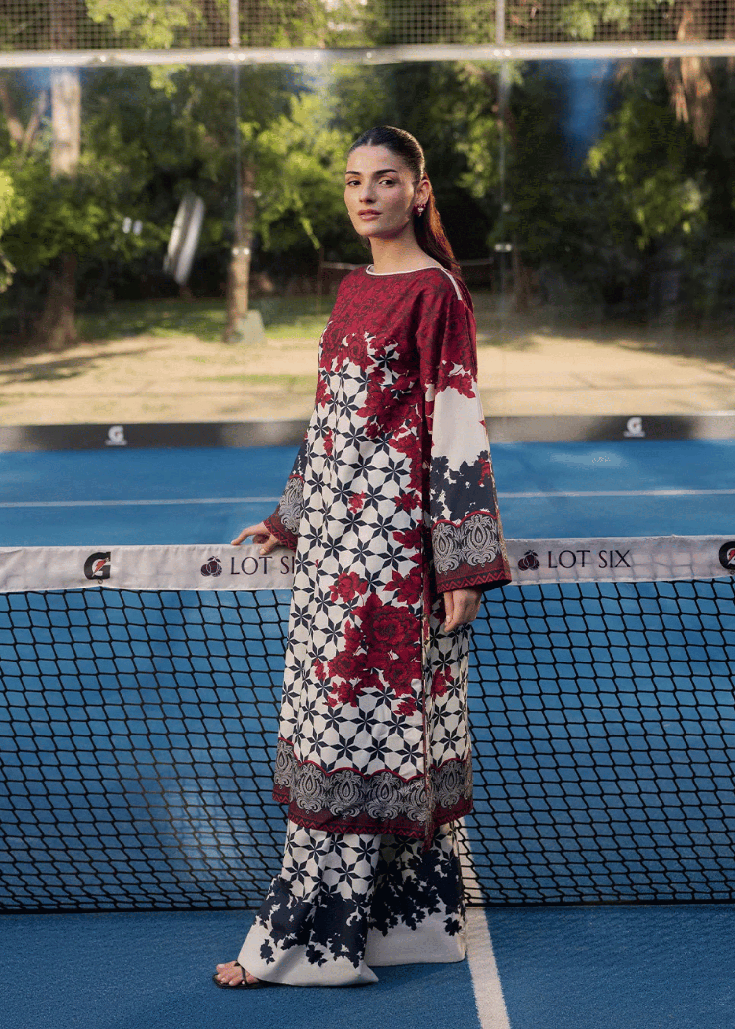 arabic lawn Co Ord Sets in Beige, deep carmine