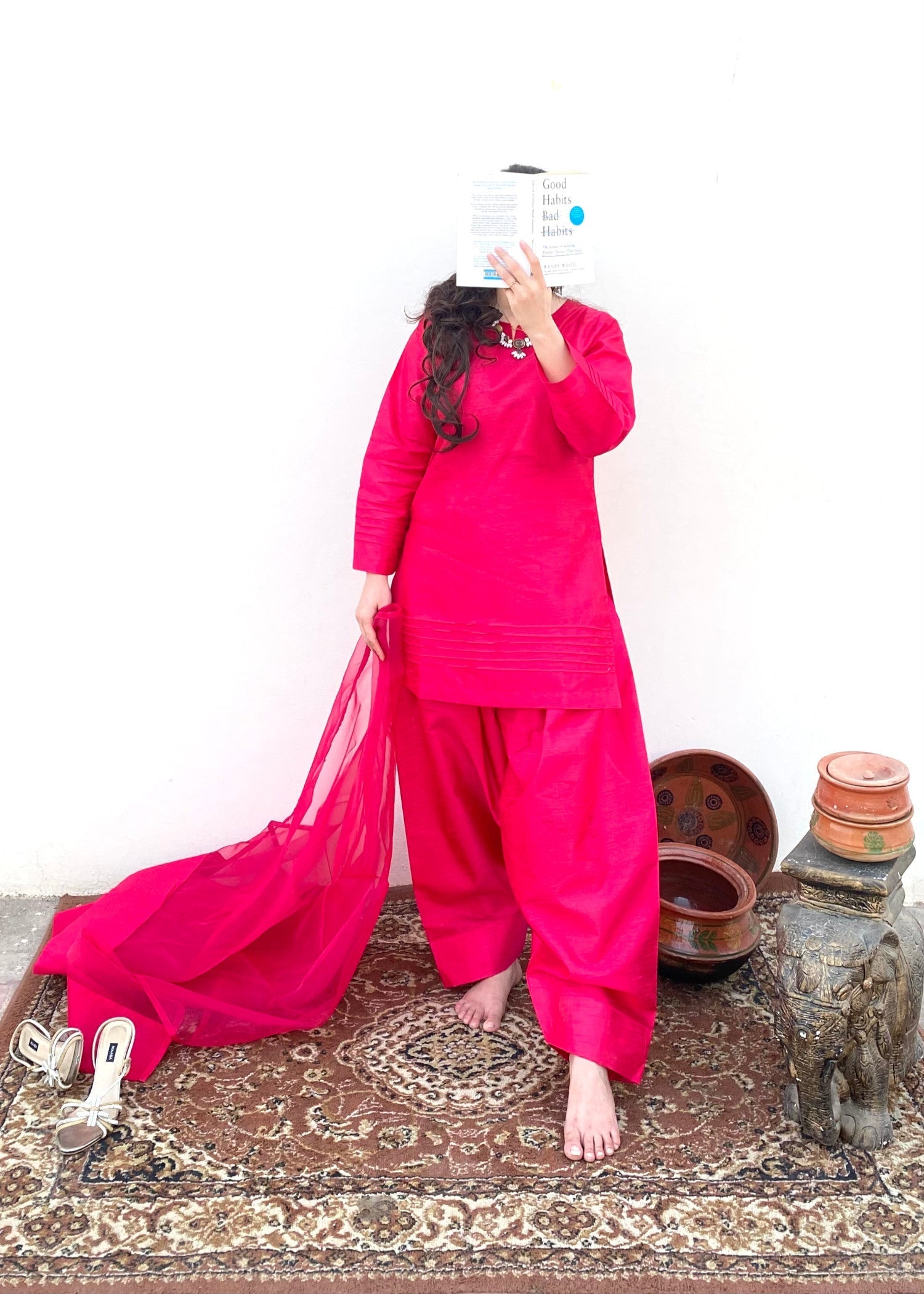 raw silk Kurta Set in Deep pink