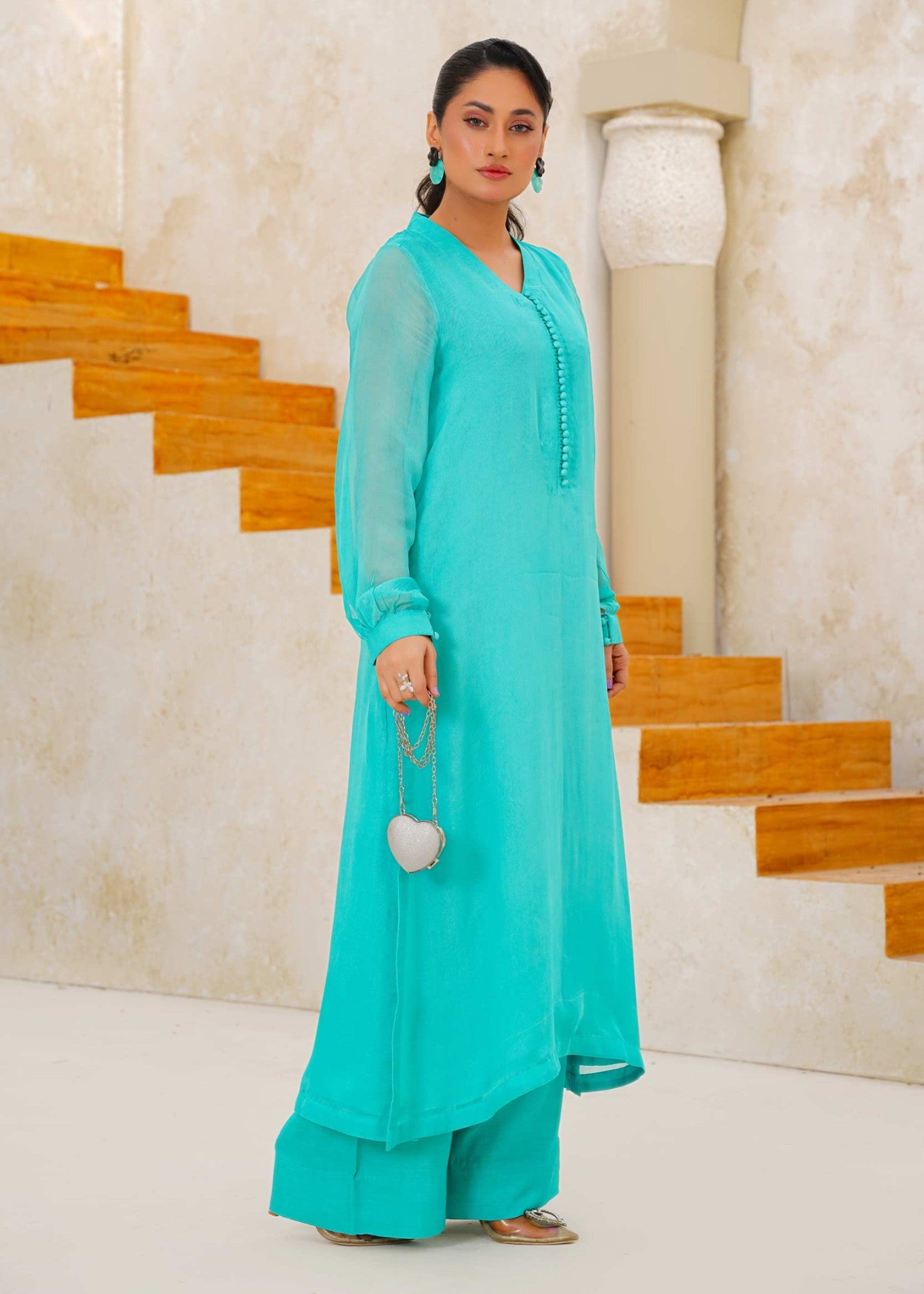 crinkle chiffon Kurta Set in Light cyan