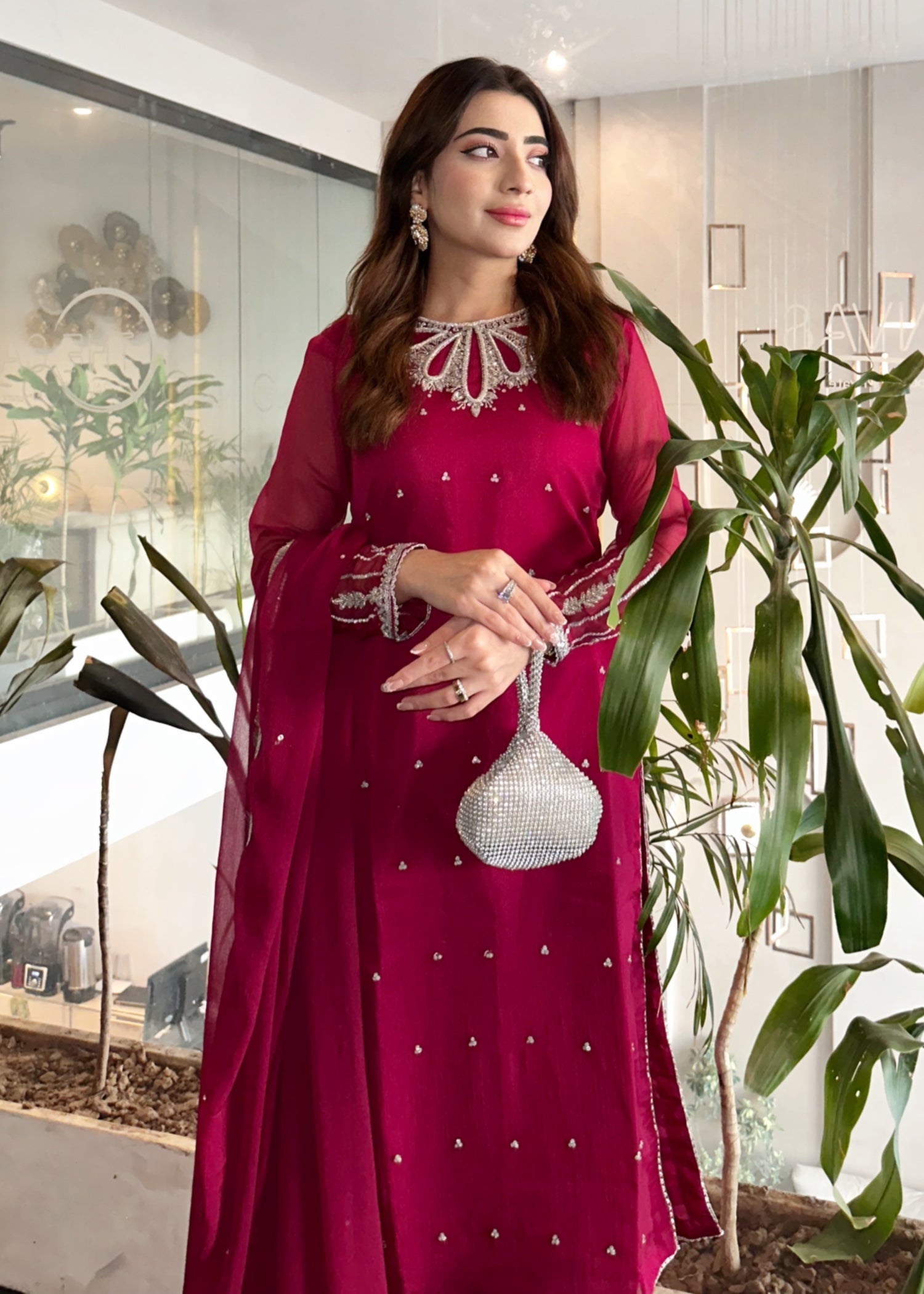 chiffon Kurta Set in Magenta haze