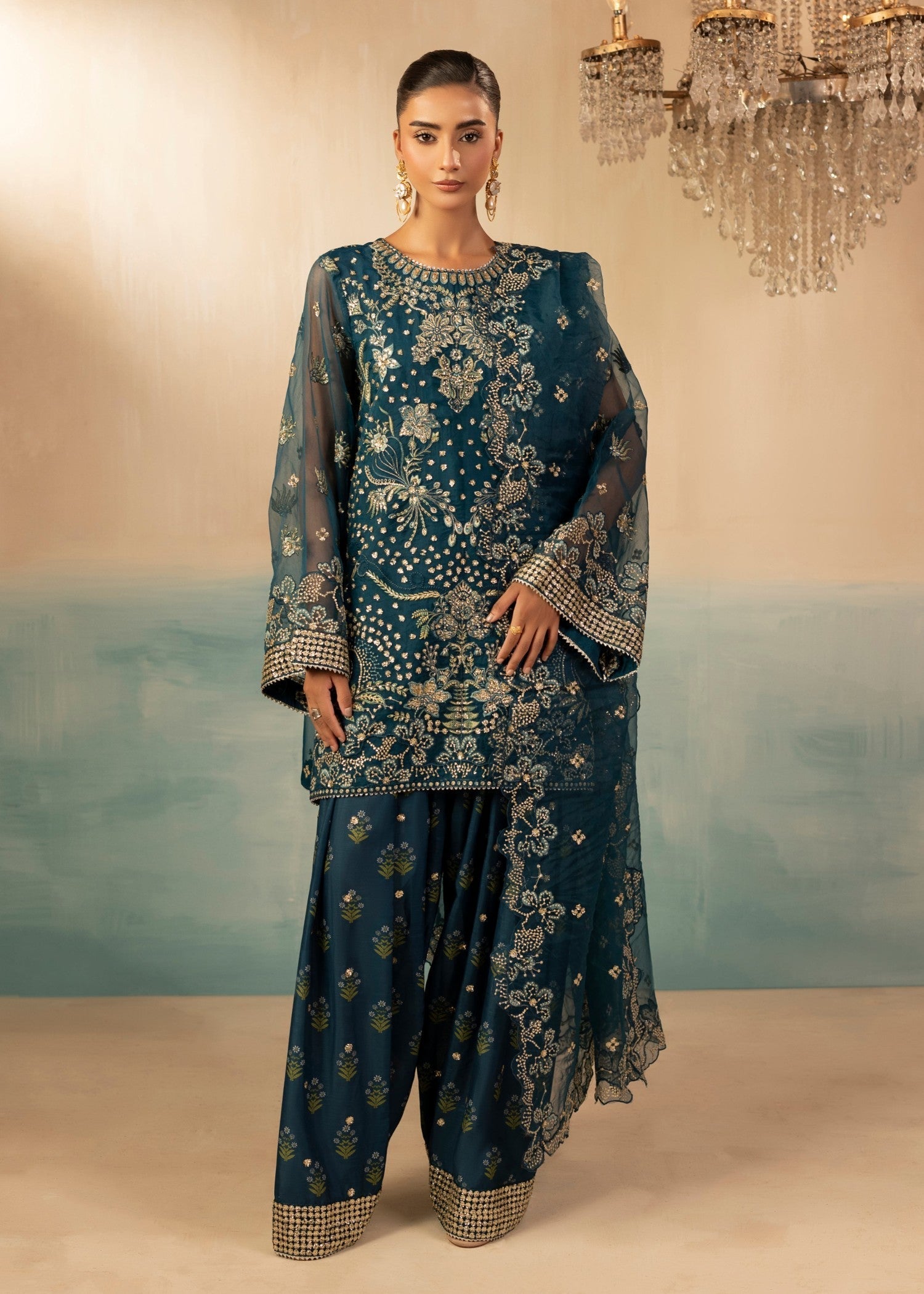 organza Kurta Set in Teal