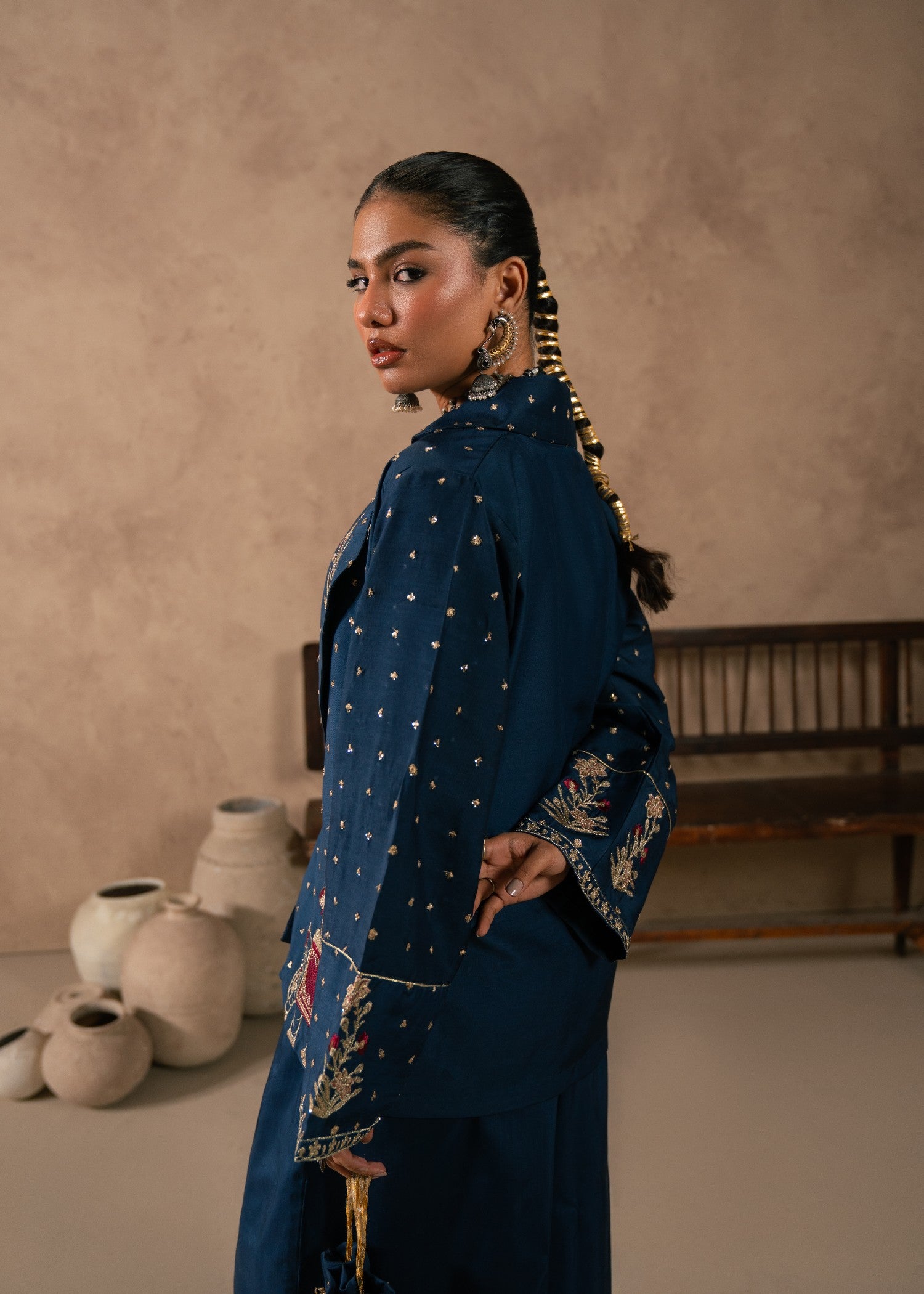 viscose thai silk Jacket in Dark blue