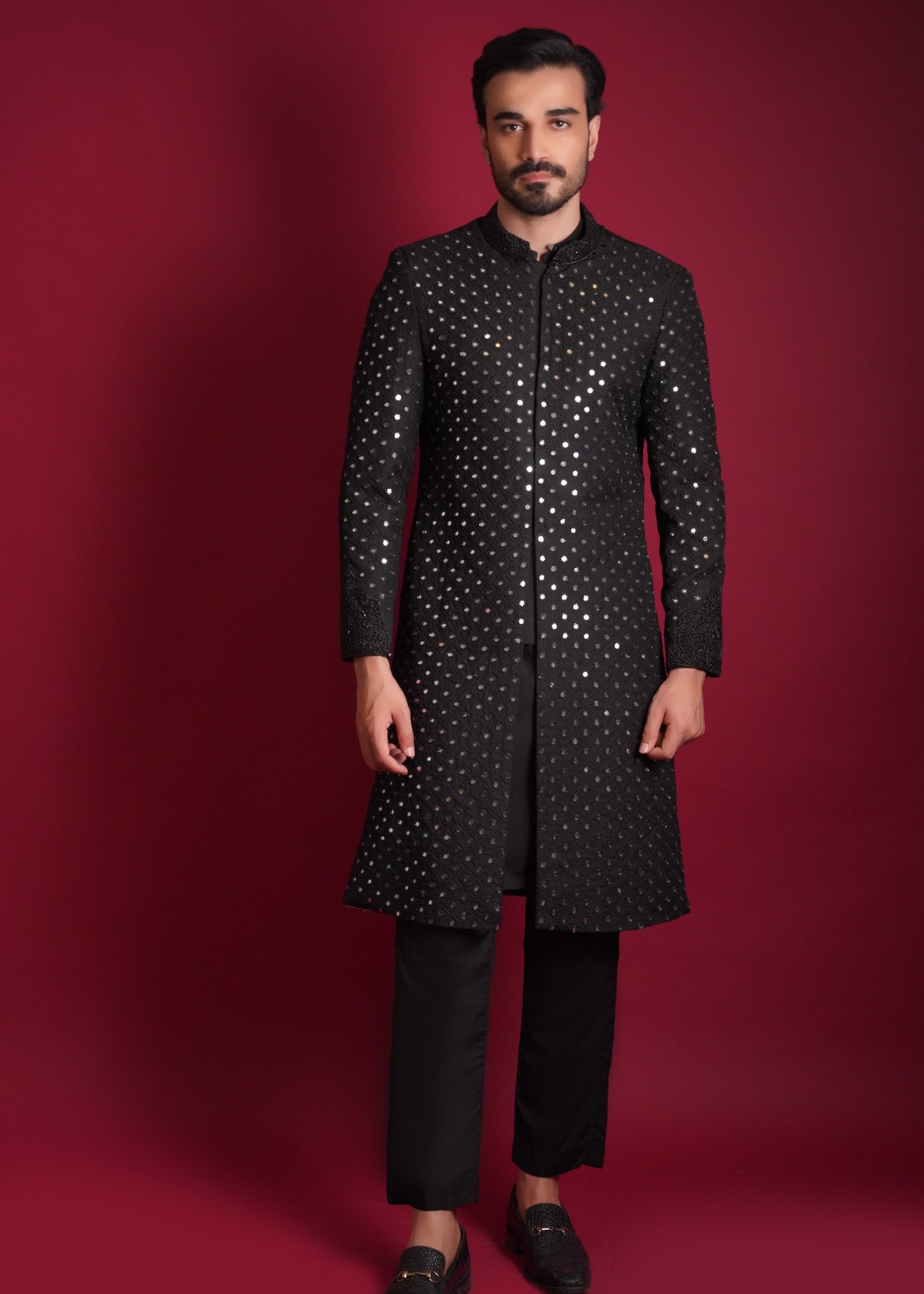 korean raw silk Sherwani in Black