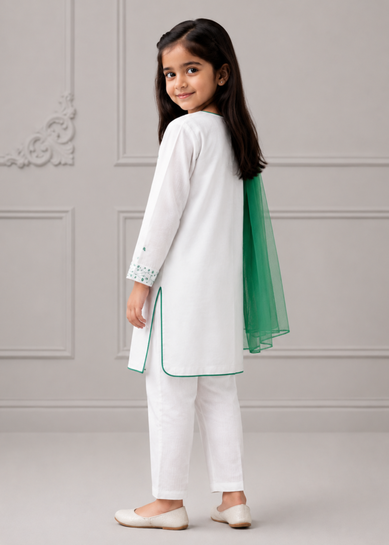 cotton Kurta Set in White, sea green