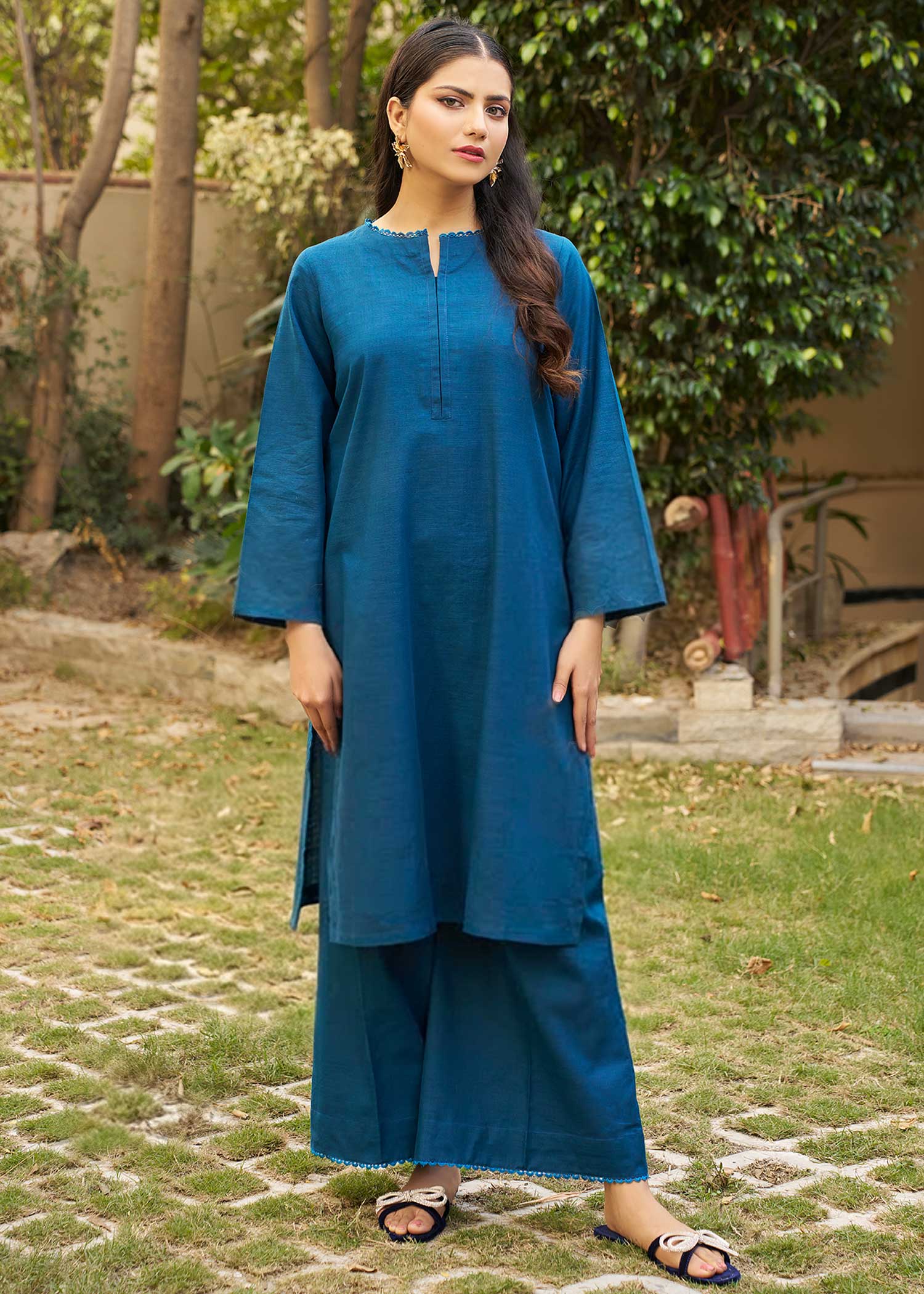 khaddar Kurta Set in Royal blue