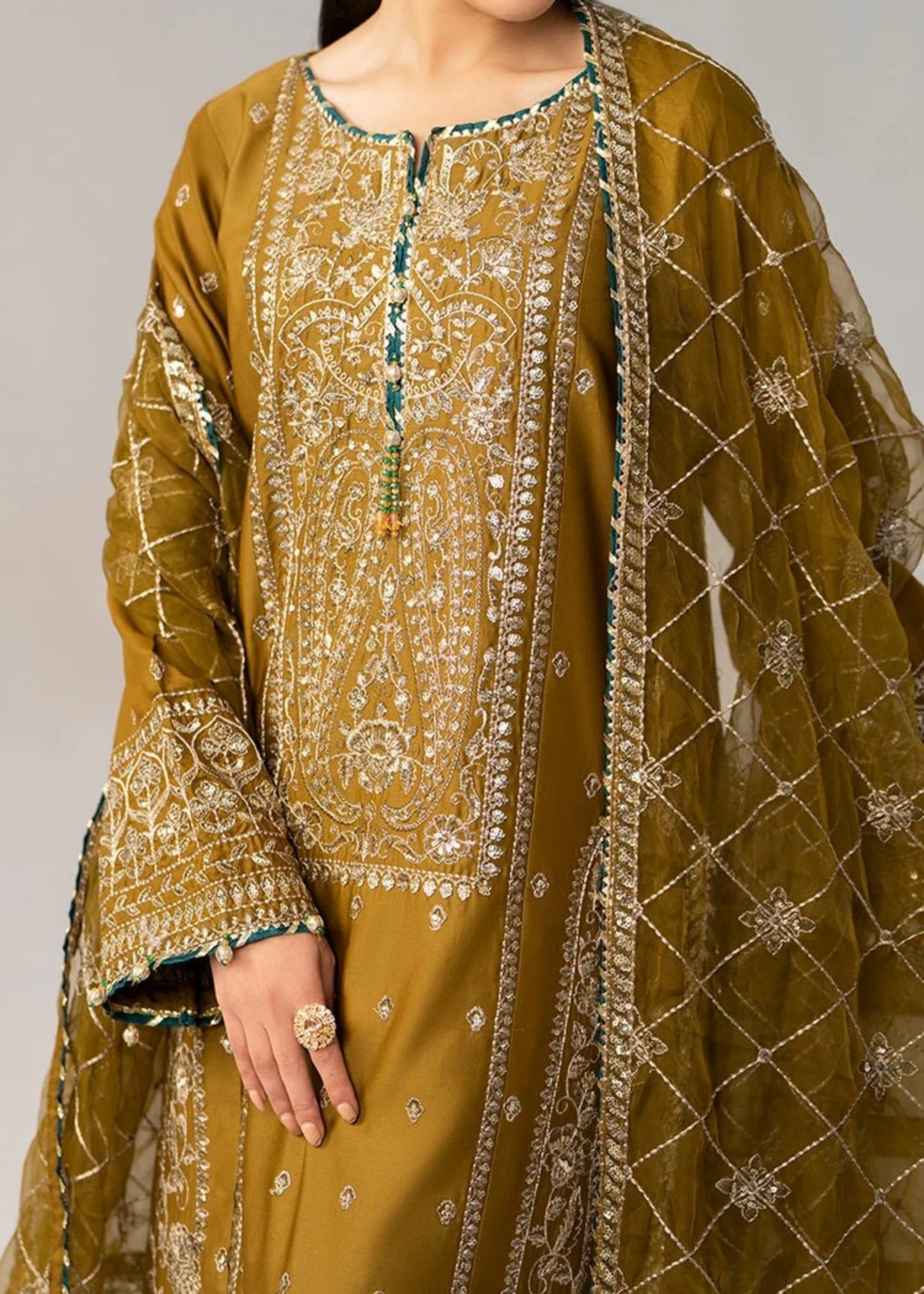 blended satin Kurta Set in Olive green, yellow green
