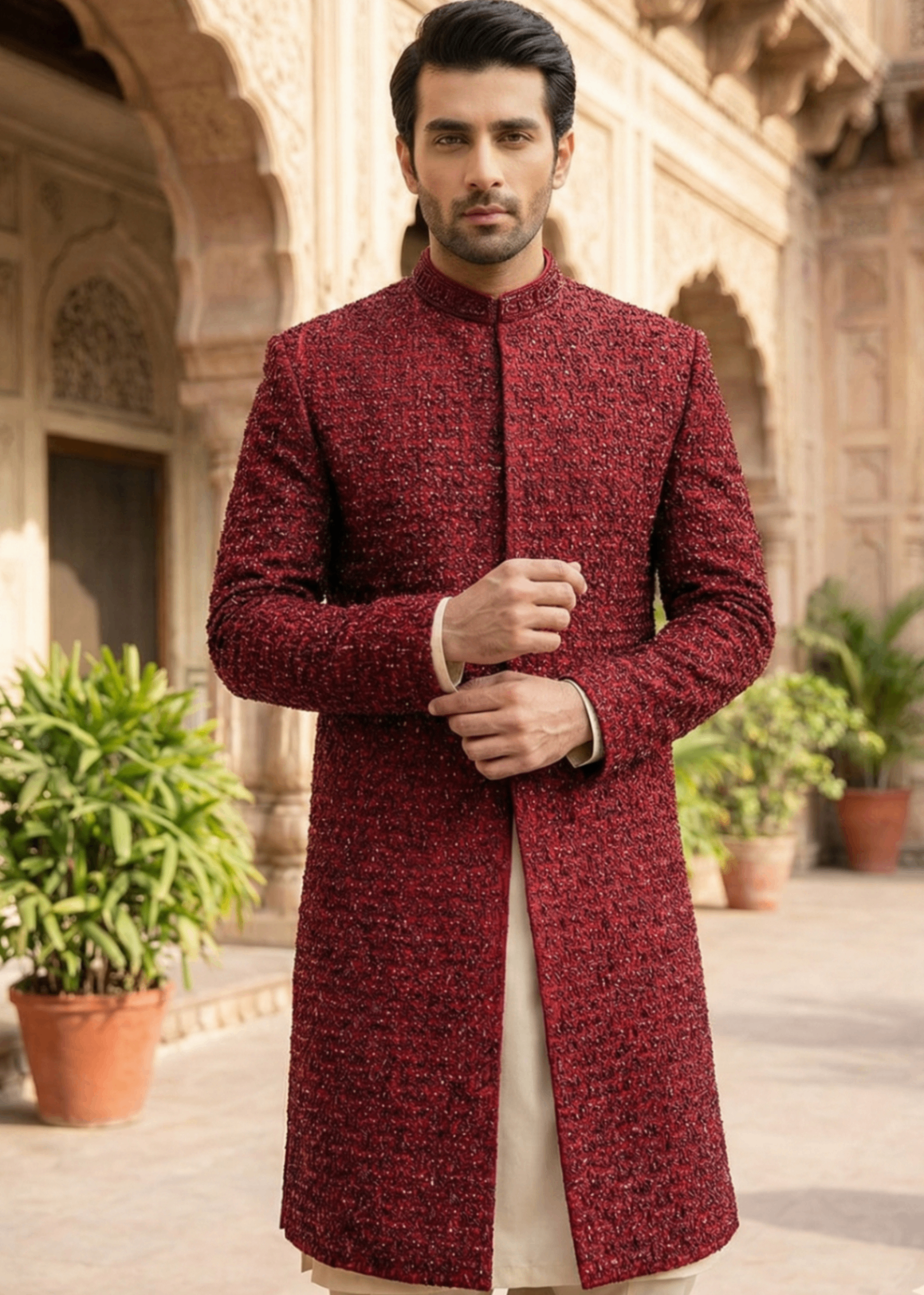 silk Sherwani in Red, black, maroon