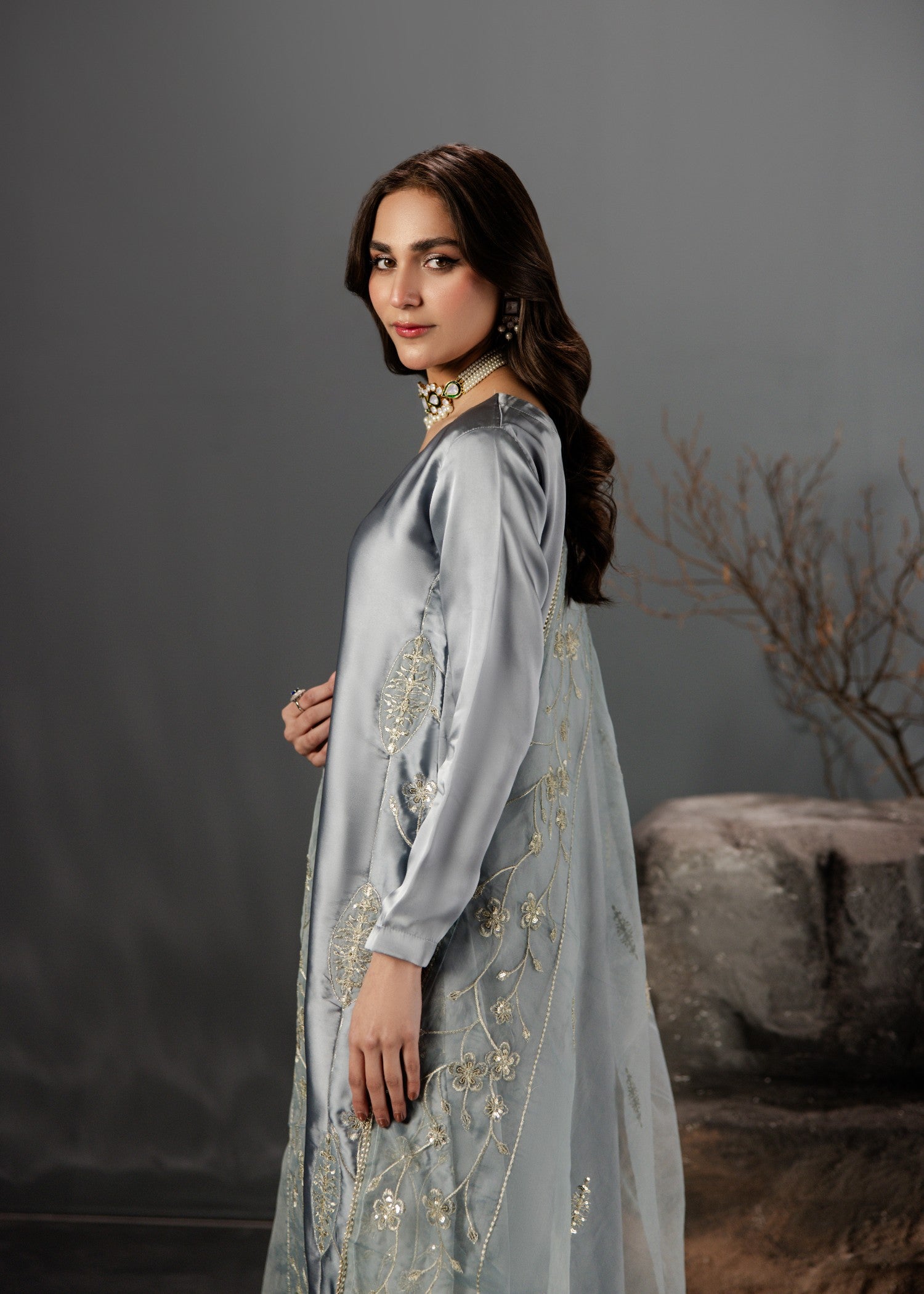 silk Kurta Set in Duck egg grey