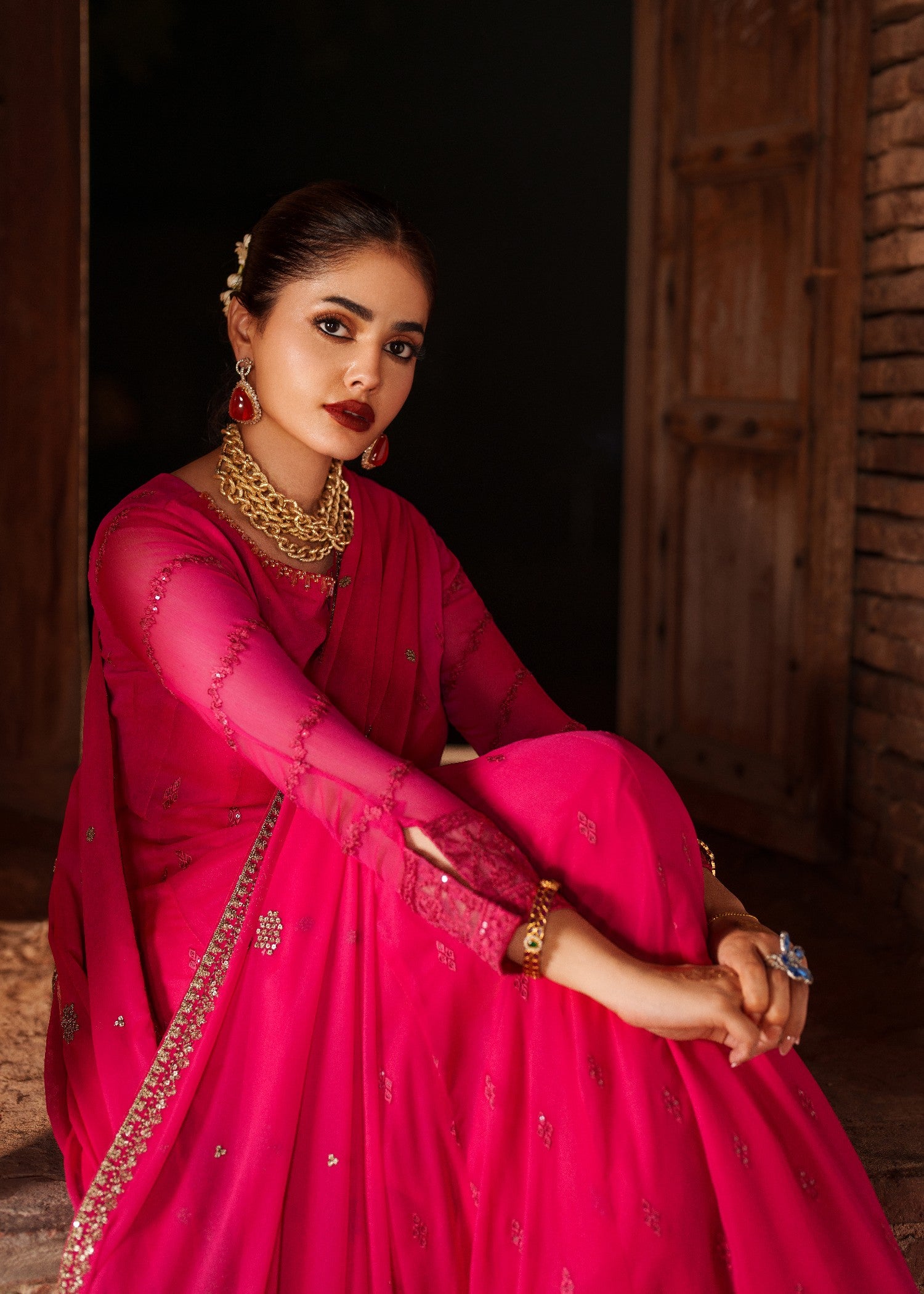 crinkle chiffon Maxi in Shocking pink