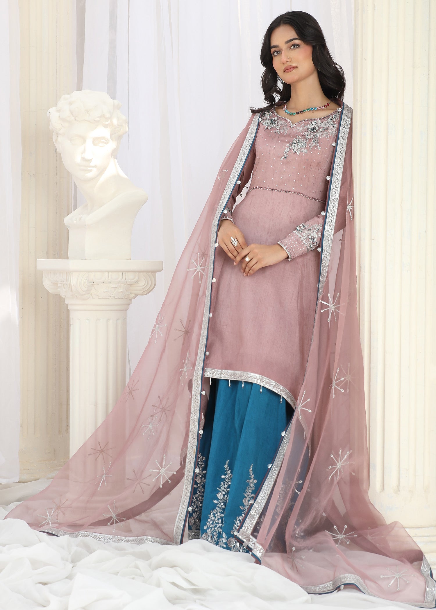 raw silk Pishwas in Mauve pink, blue
