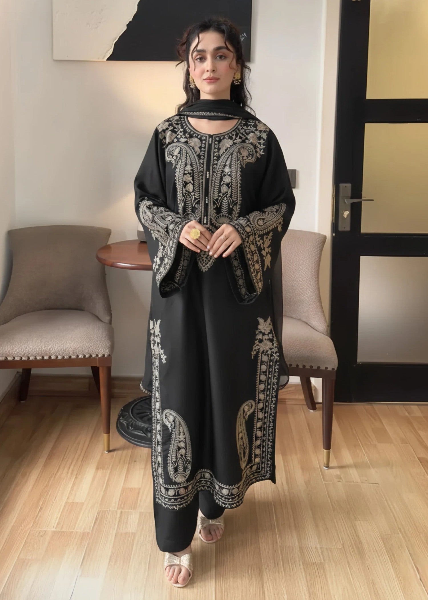linen chambray Kurta Set in Black