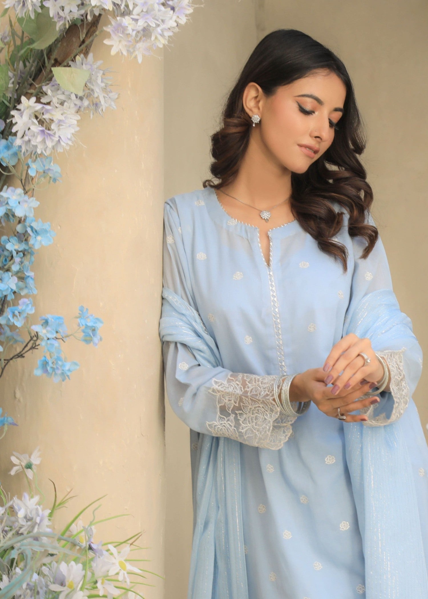 voile Kurta Set in Sky blue