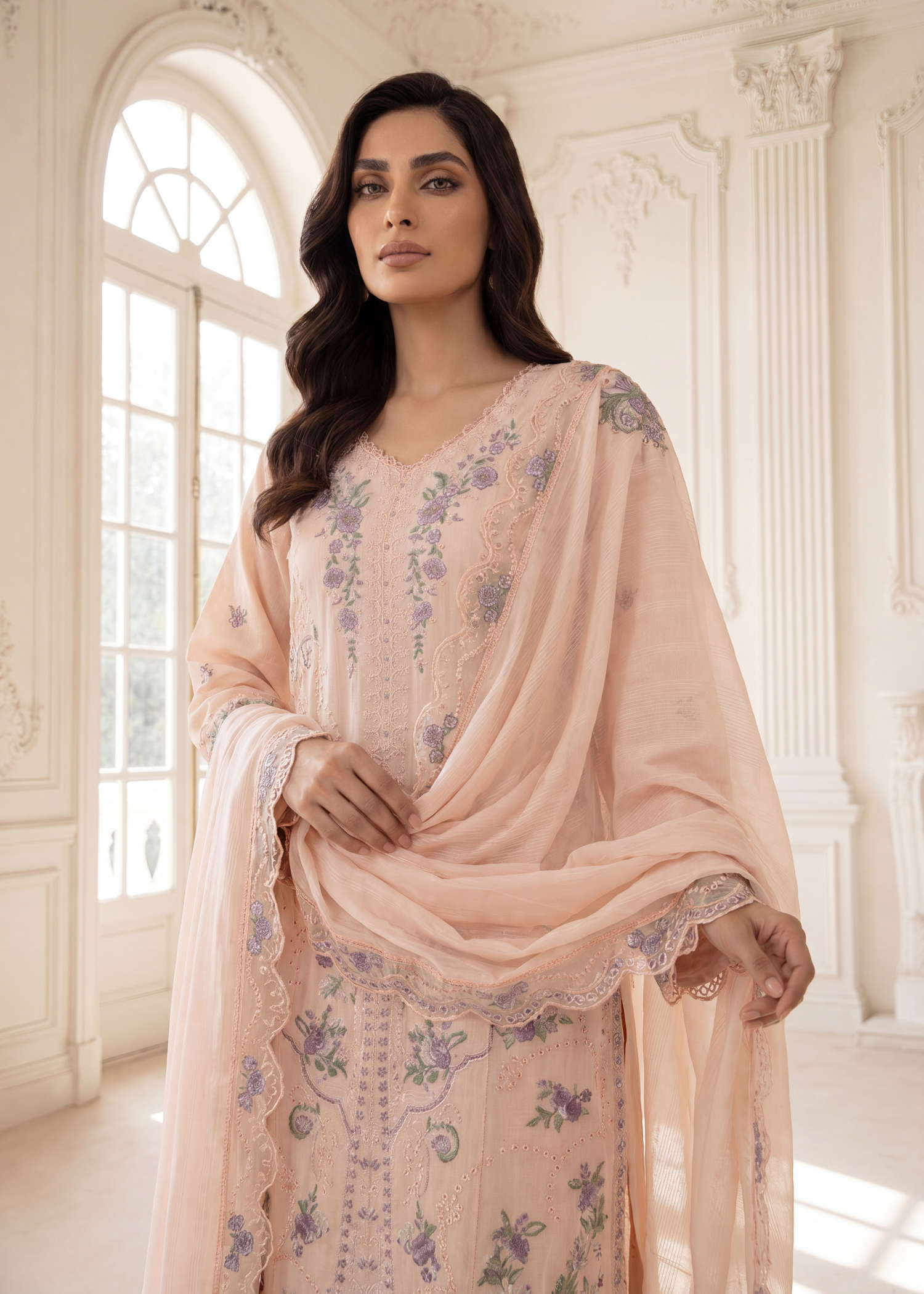 slub lawn Kurta Set in Peach orange