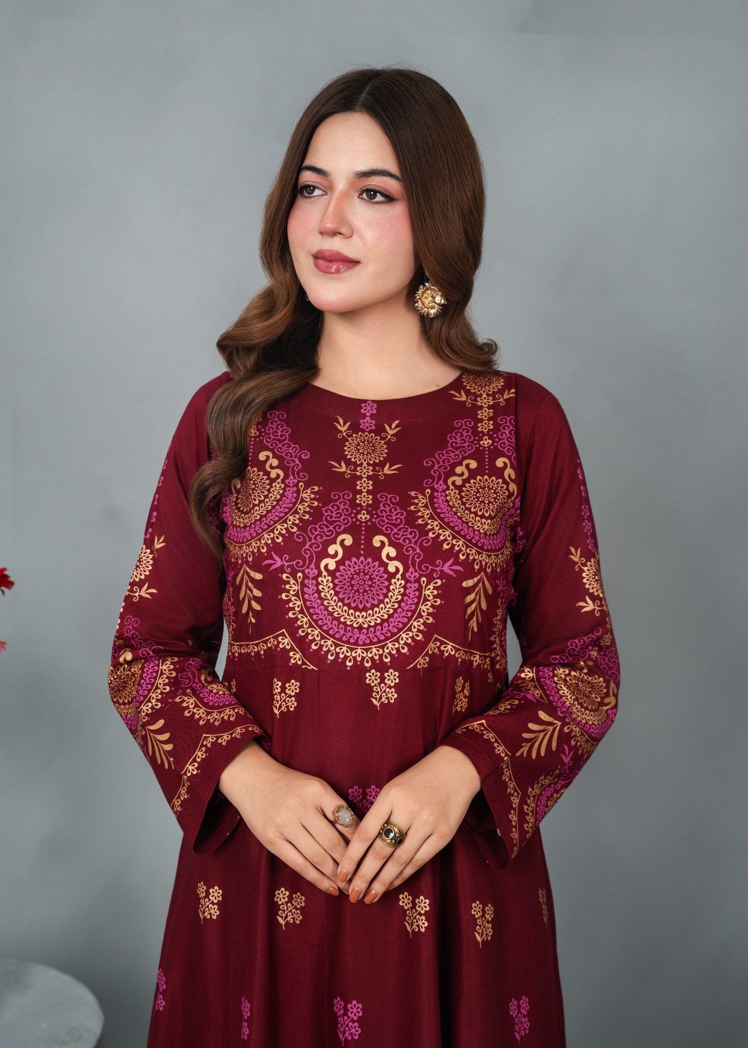 linen Anarkali in Maroon