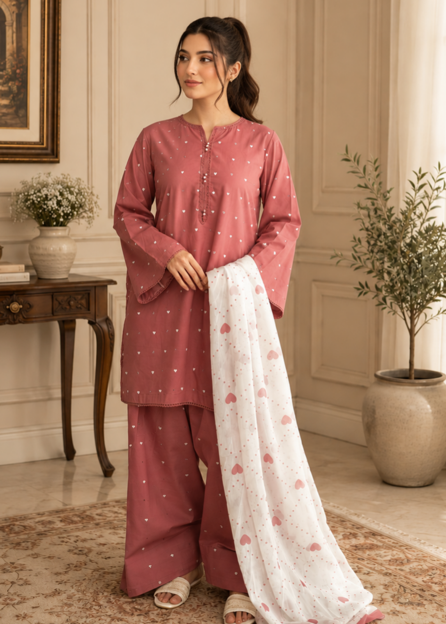 linen Kurta Set in Strawberry pink