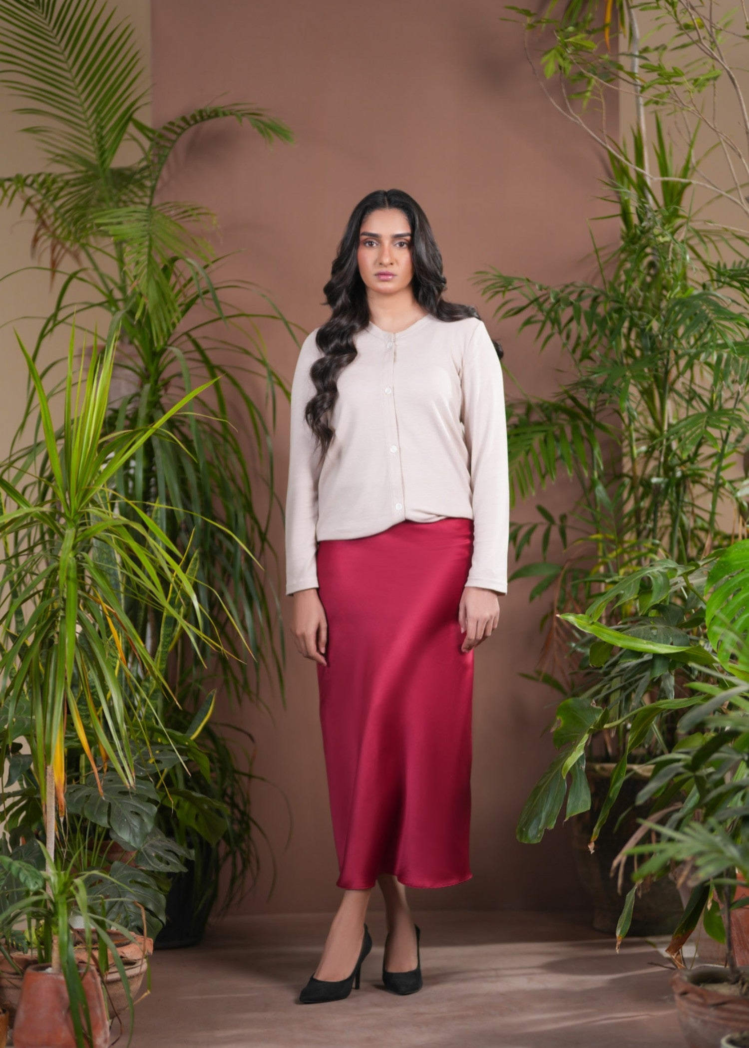 satin silk Skirt in Maroon
