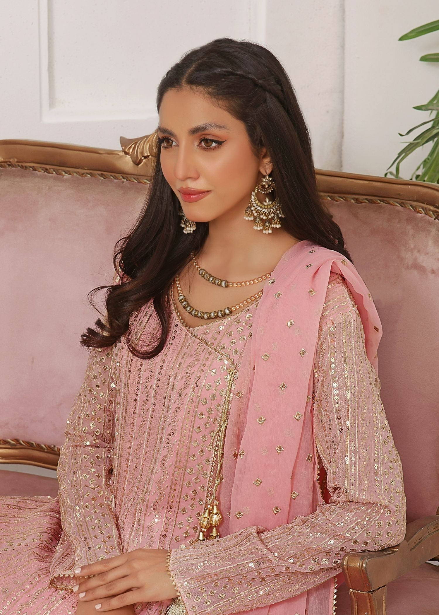 chiffon Angrakha in Baby pink