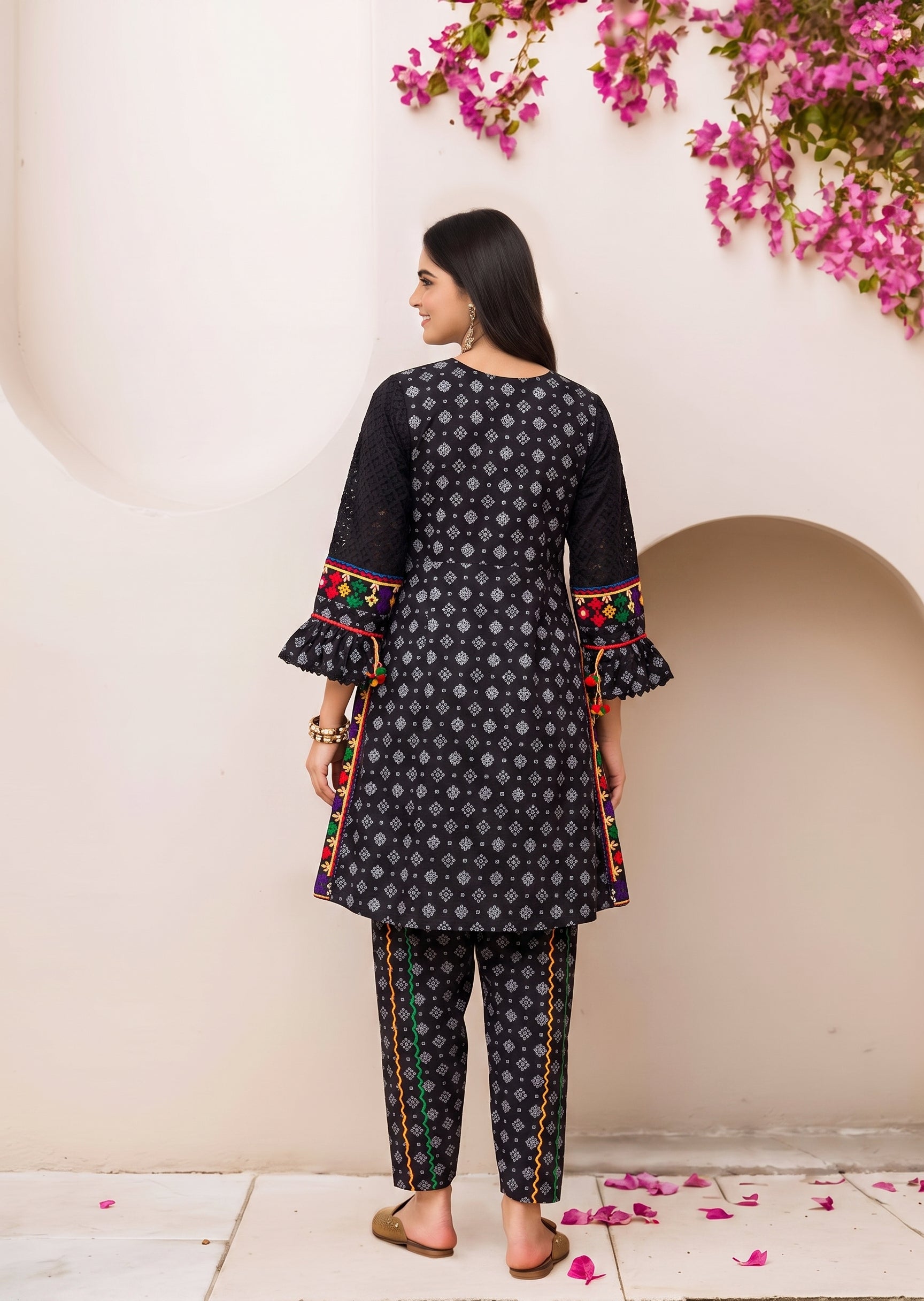 lawn cotton Short Frock in Black