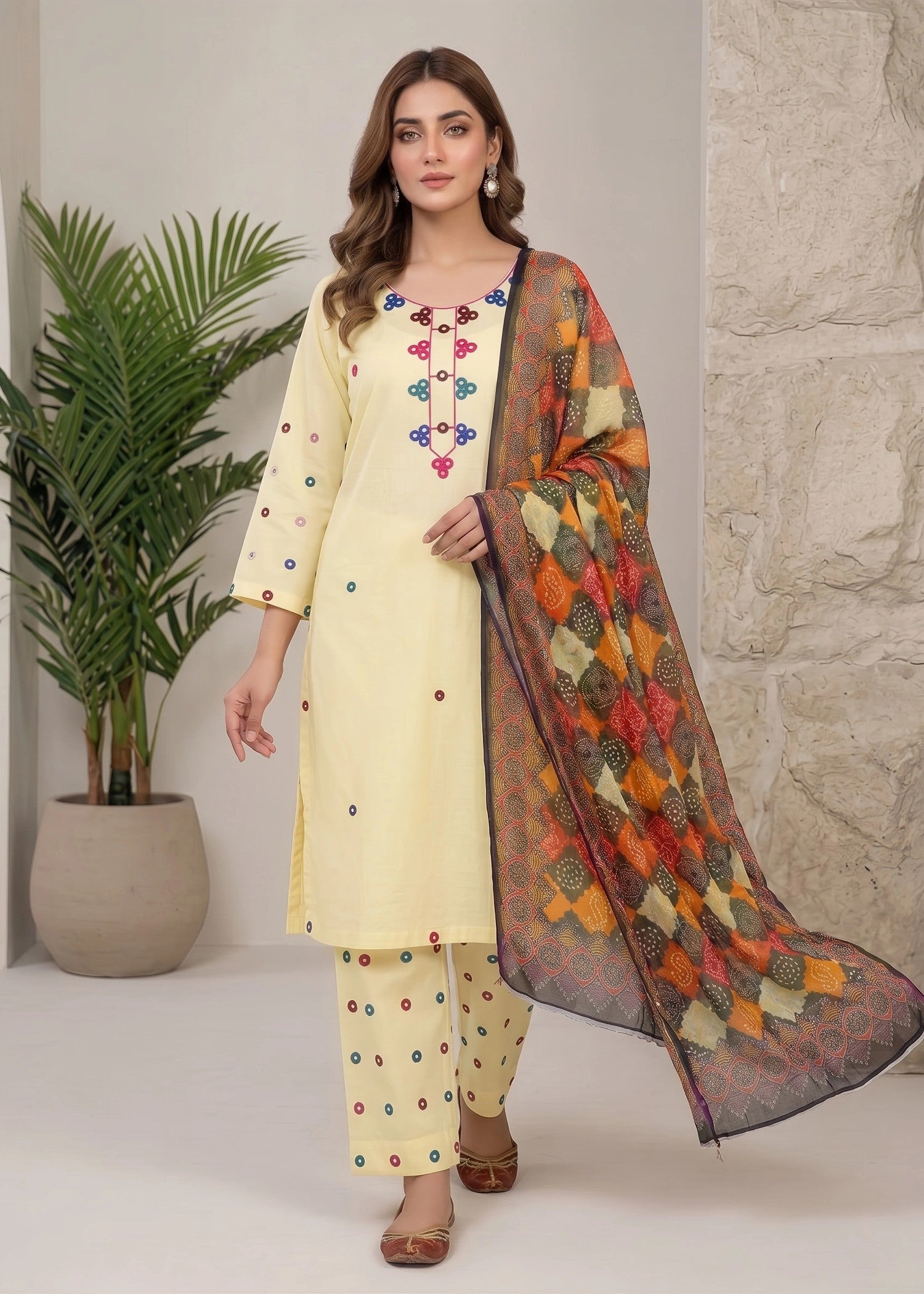 lawn cotton Kurta Set in Lemon chiffon